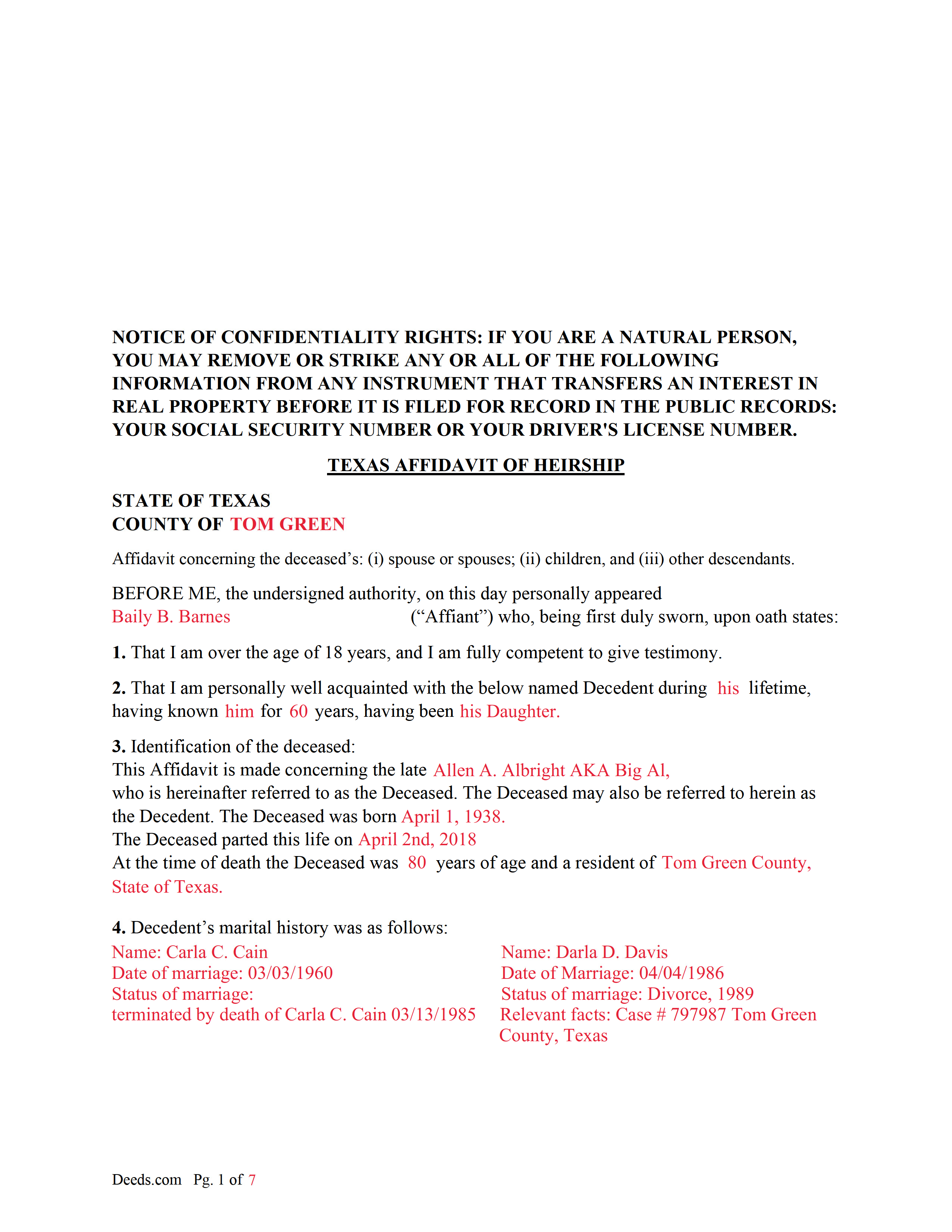 Castro County Completed Example of a Texas Affidavit of Heirship Document