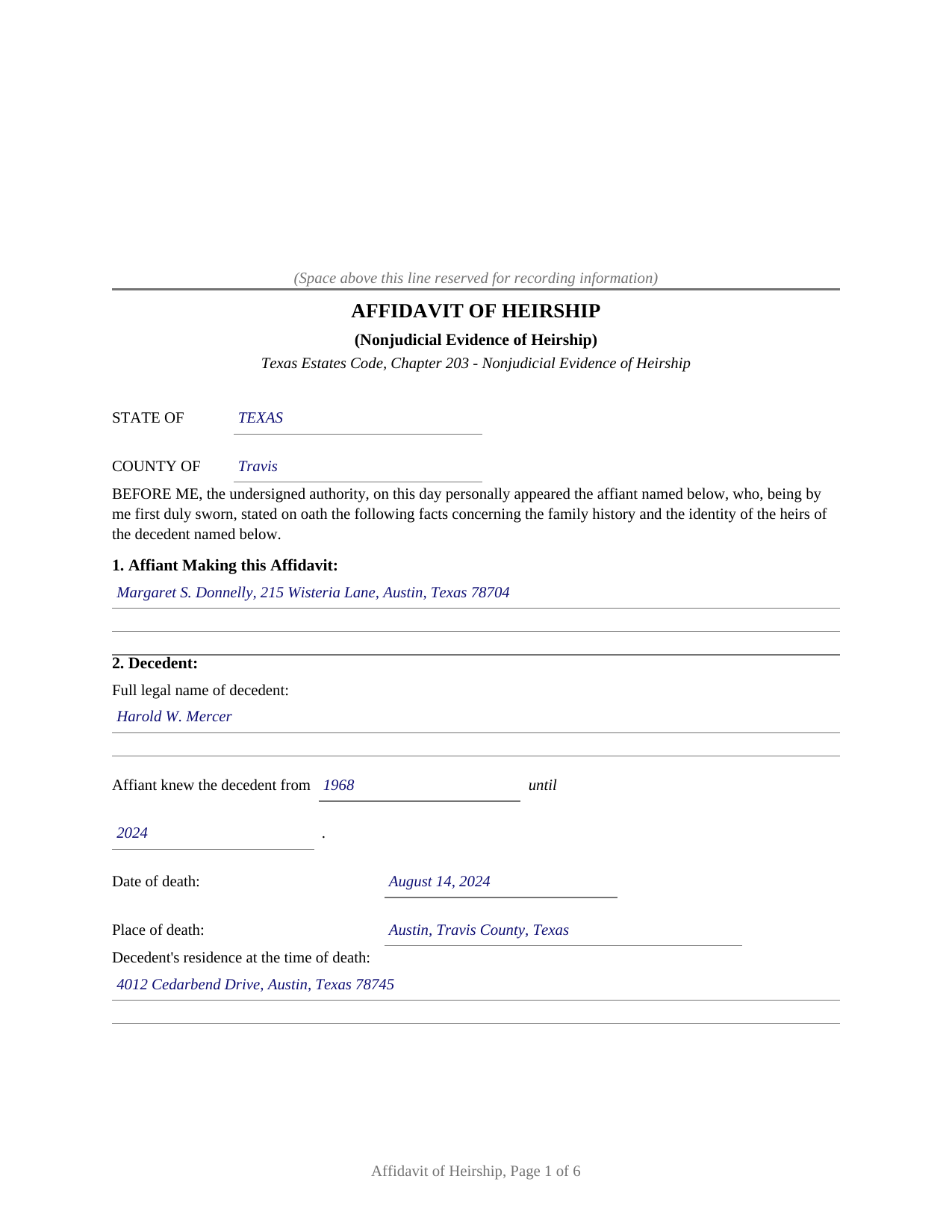 Hood County Completed Example of the Affidavit of Heirship Document