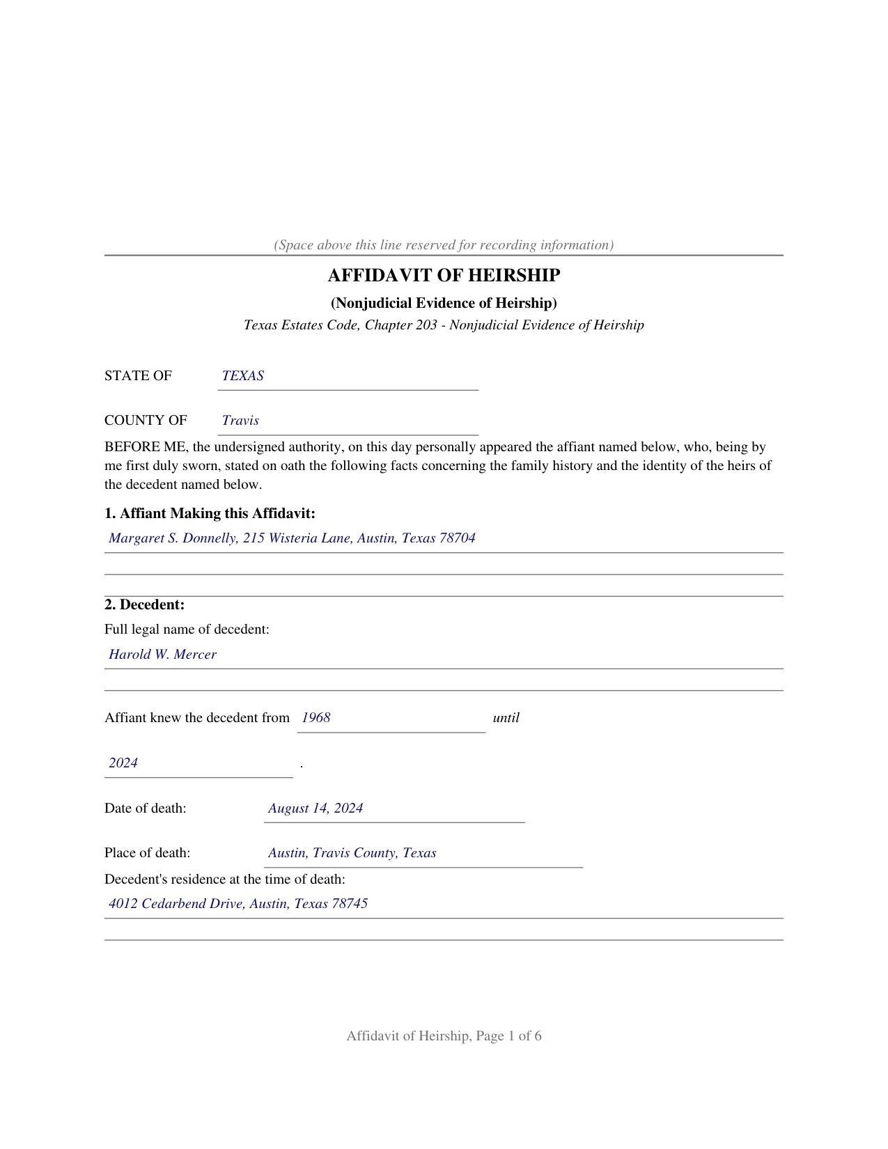 Baylor County Completed Example of the Affidavit of Heirship Document