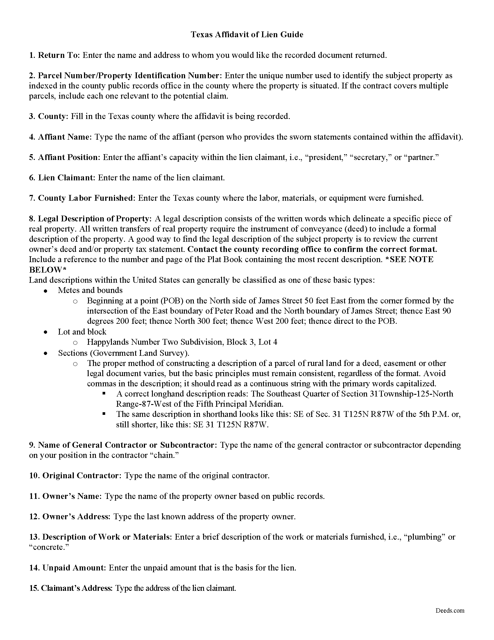 Freestone County Affidavit of Lien Guide