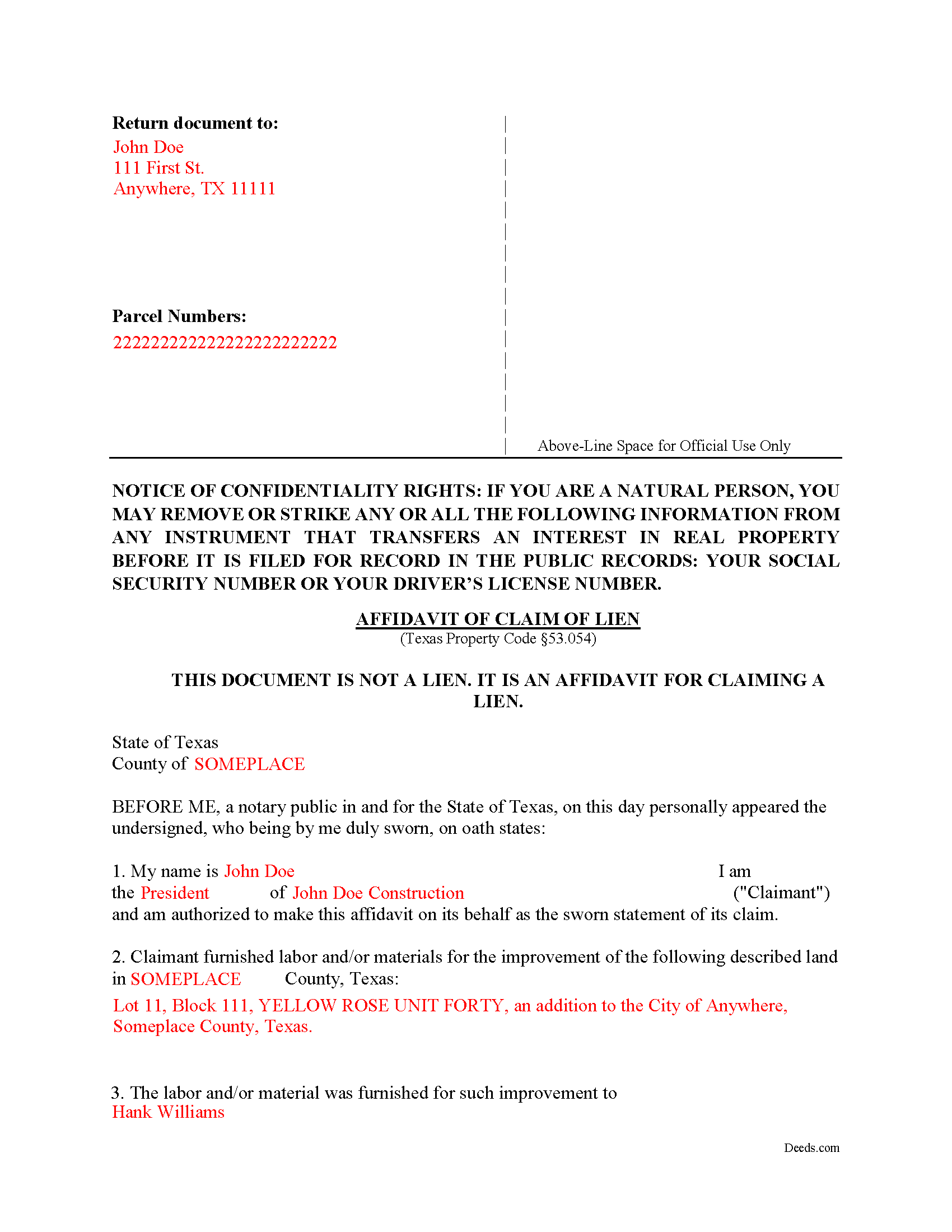 Completed Example of the Affidavit of Lien Document