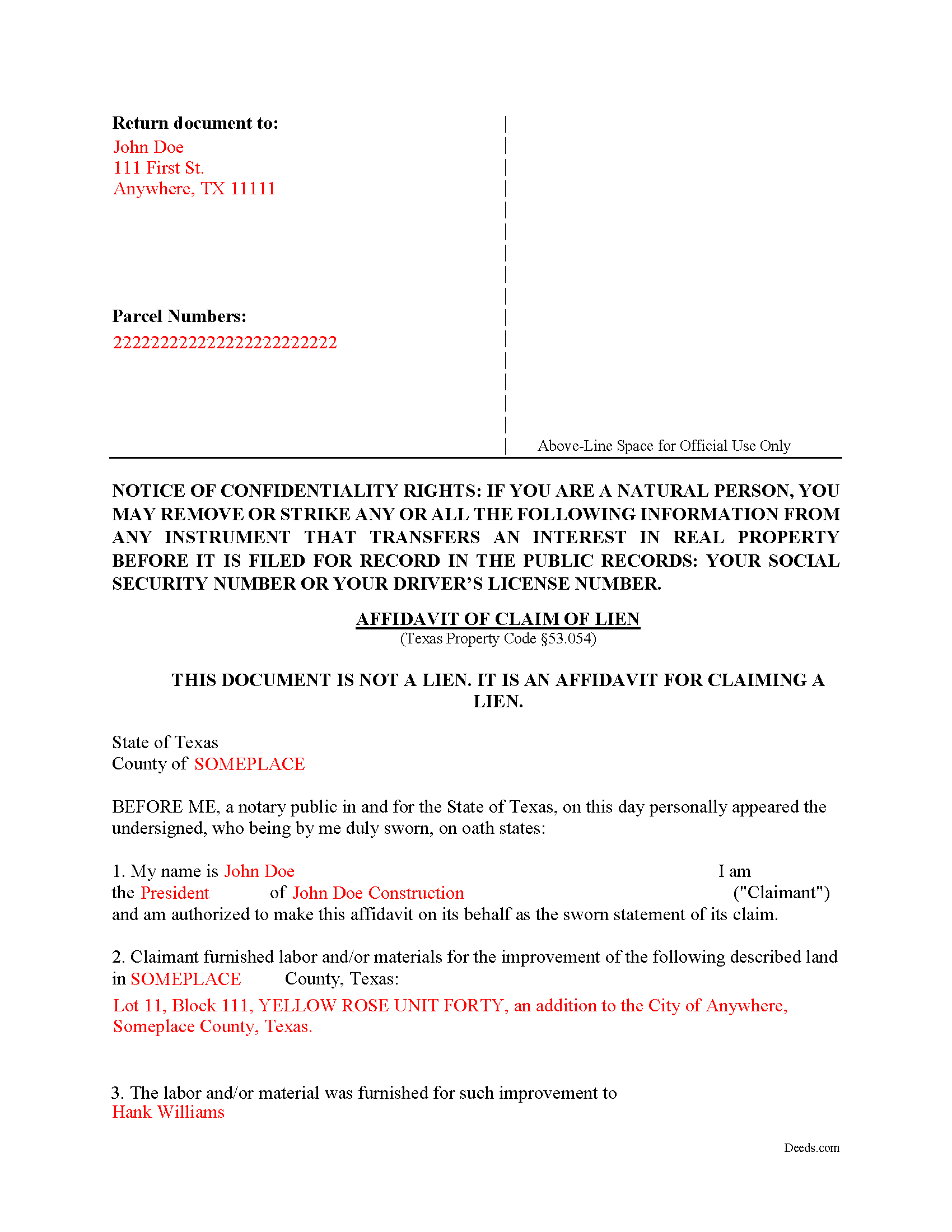 Freestone County Completed Example of the Affidavit of Lien Document