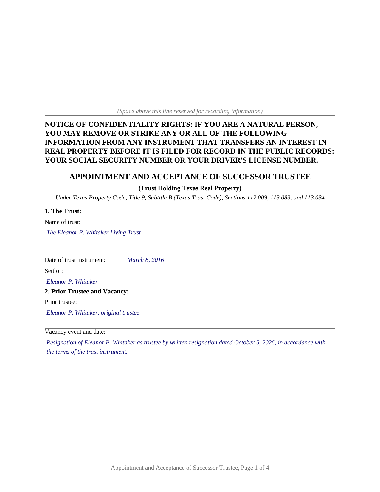 Delta County Completed Example of the Appointment and Acceptance of Successor Trustee (Recordable) Document