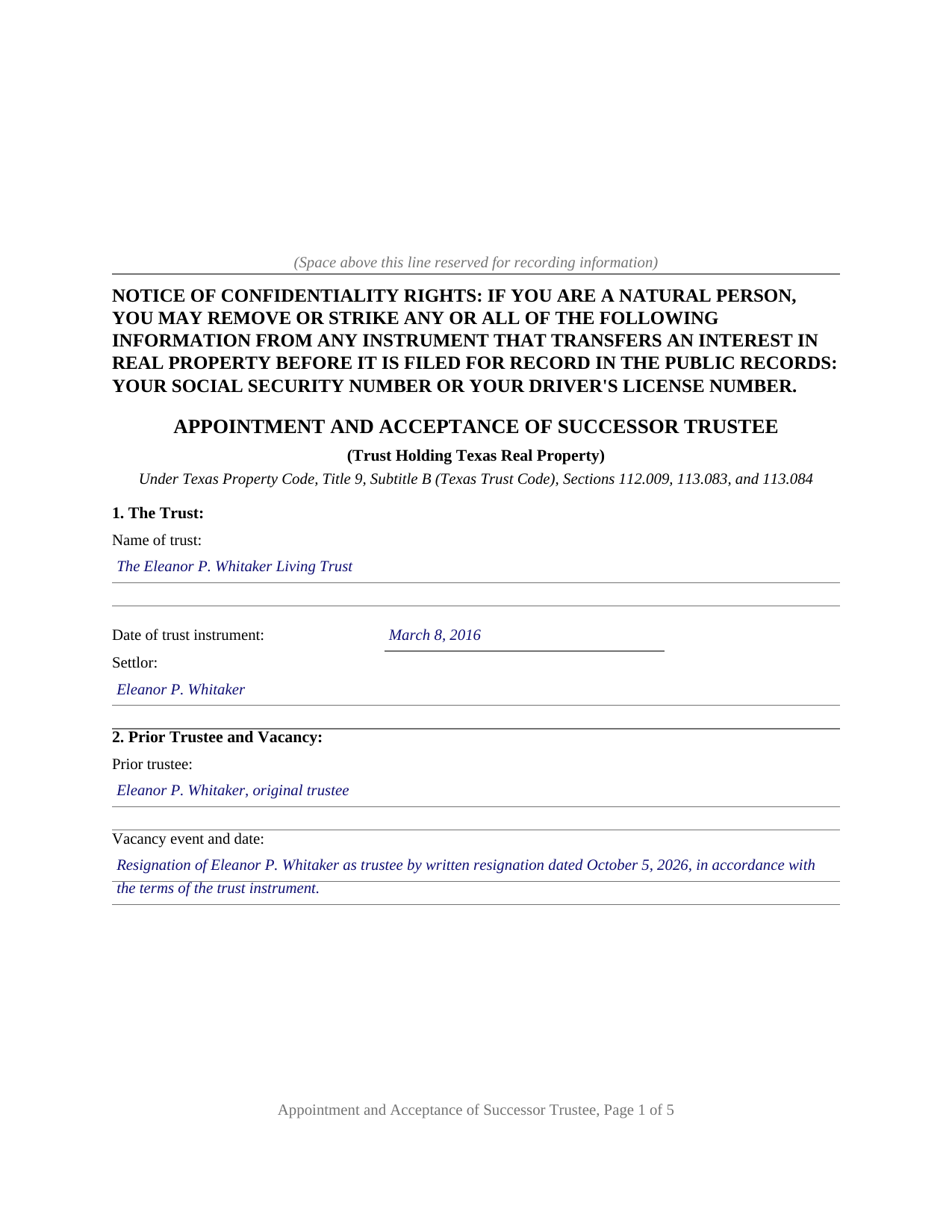 Archer County Completed Example of the Appointment and Acceptance of Successor Trustee (Recordable) Document