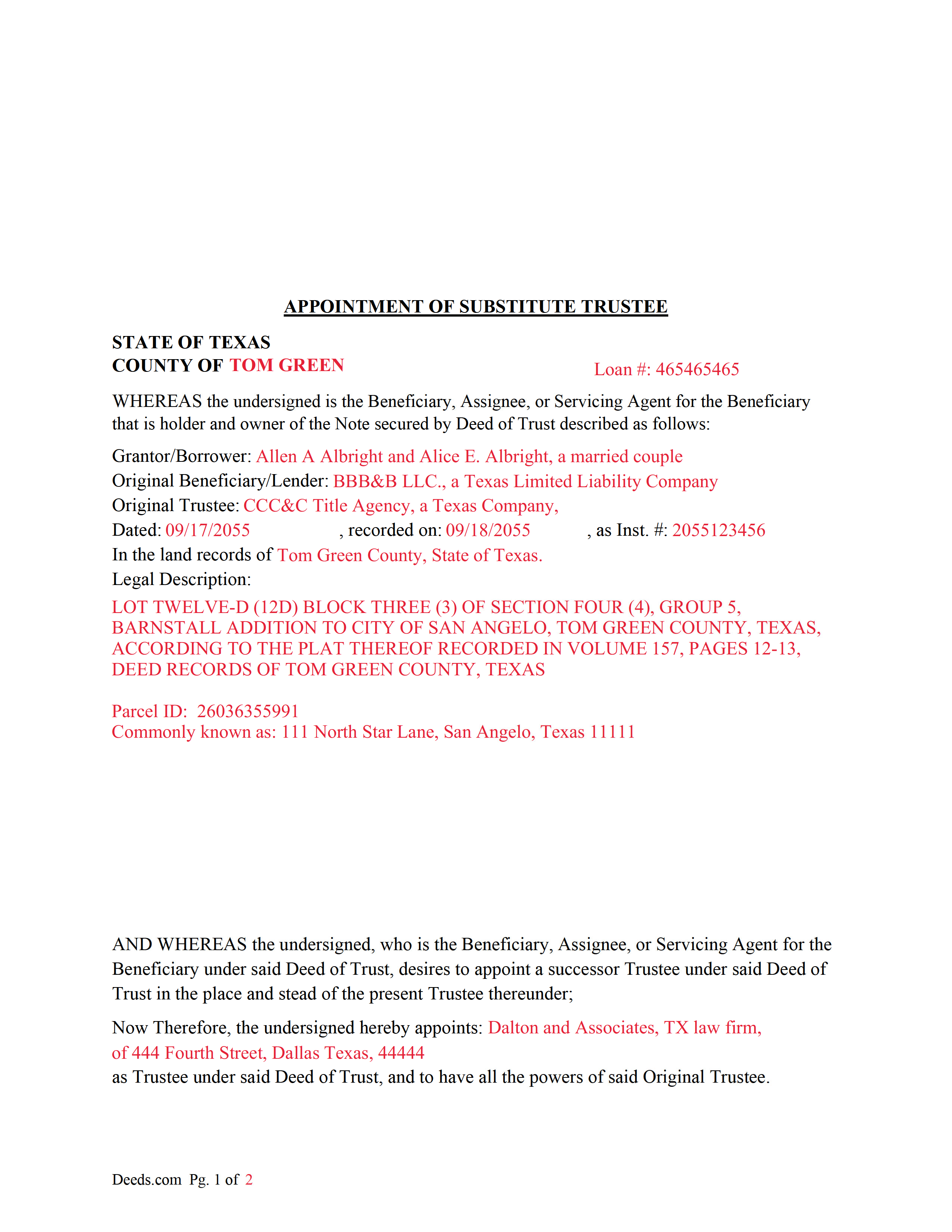 Completed Example of the Appointment of Substitute Trustee Document