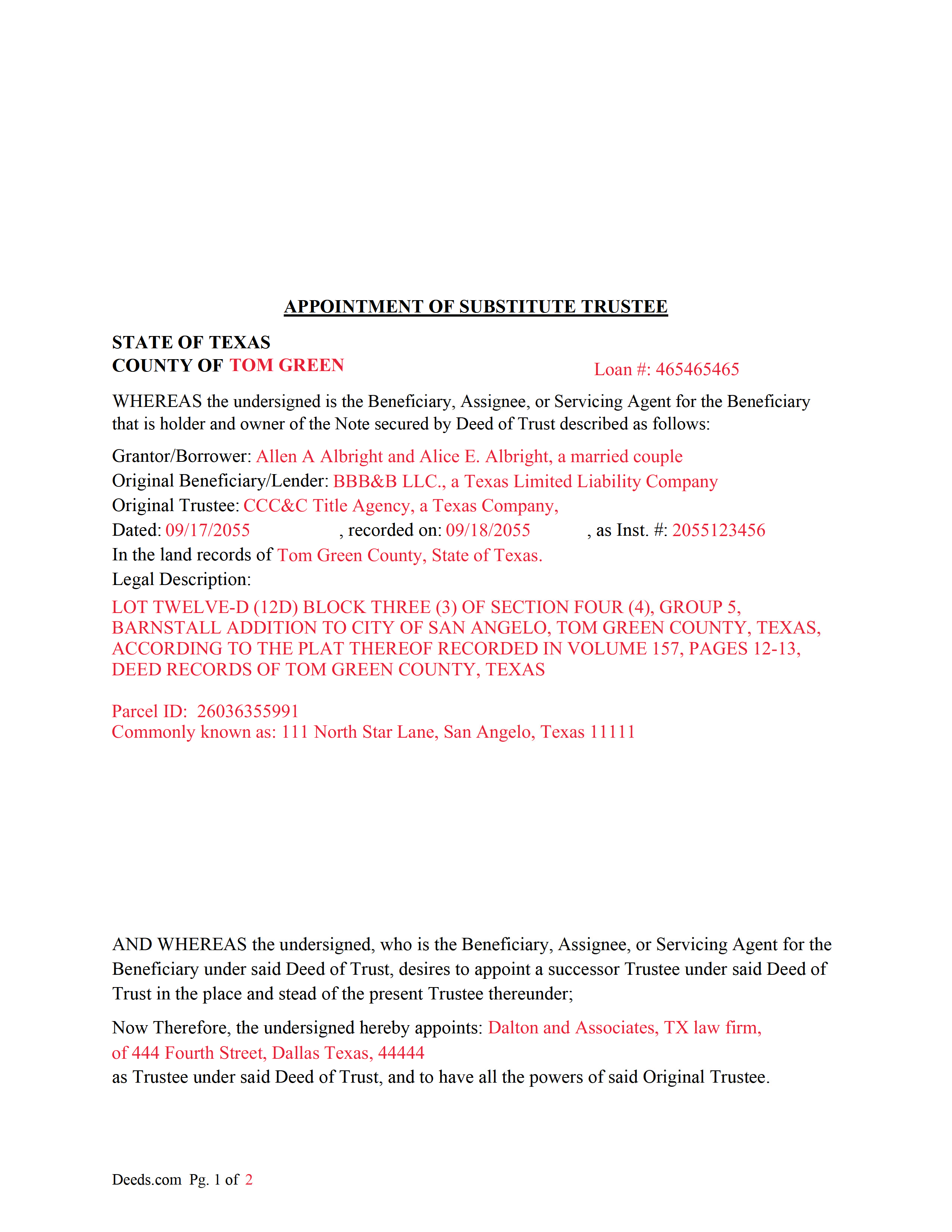 Freestone County Completed Example of the Appointment of Substitute Trustee Document