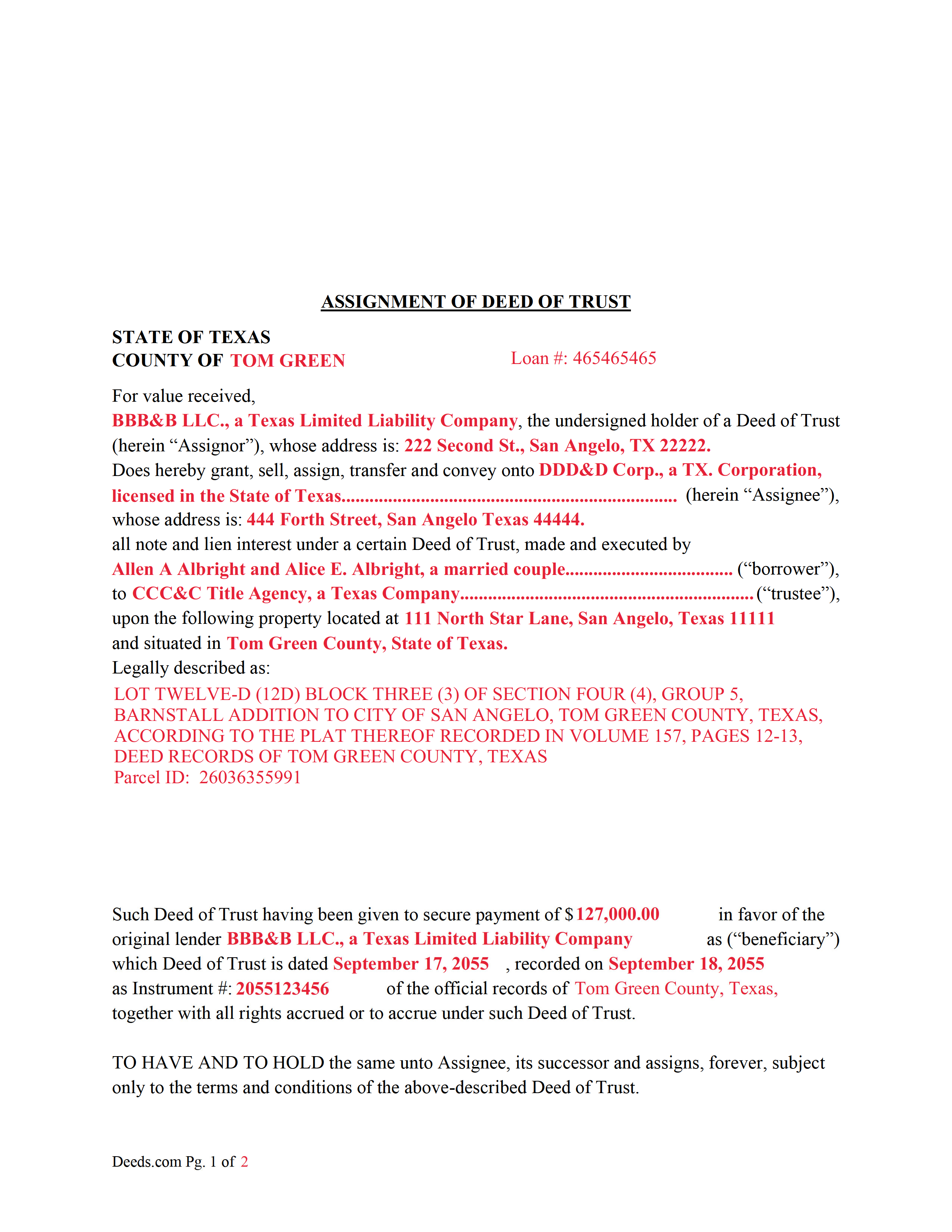 Completed Example of an Assignment of Deed of Trust Document