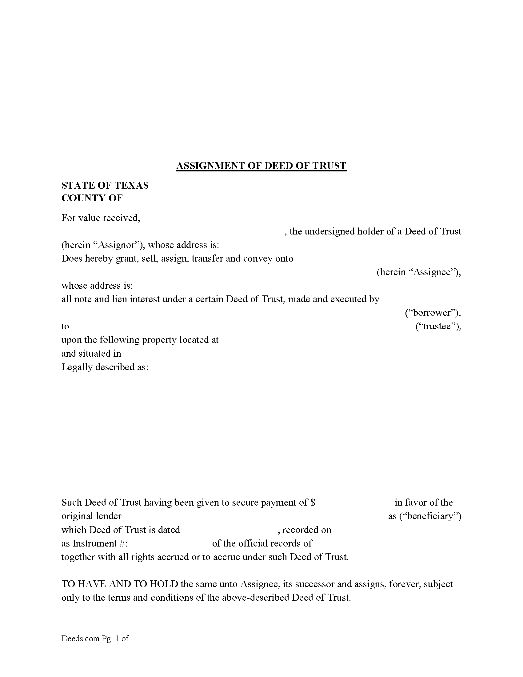 Freestone County Assignment of Deed of Trust Form