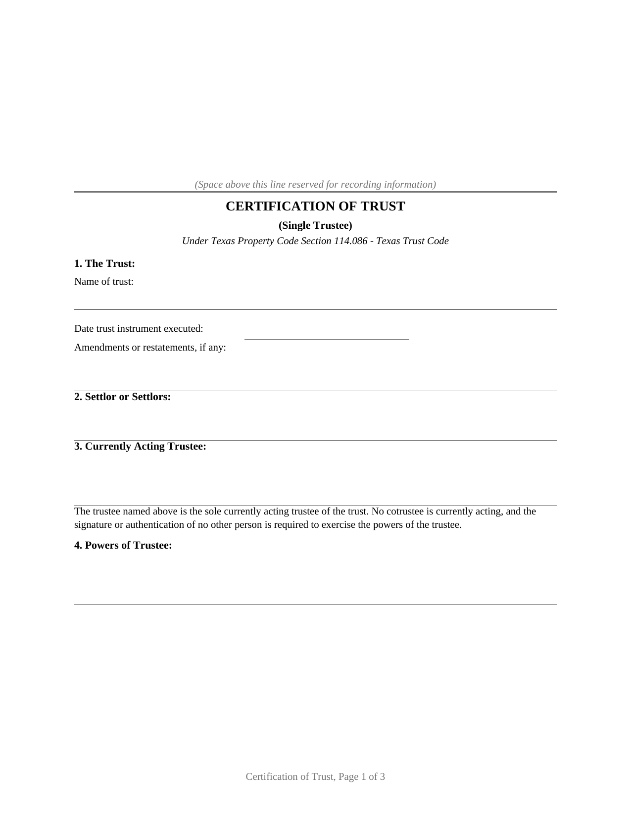 Delta County Certification of Trust (Single Trustee) Form