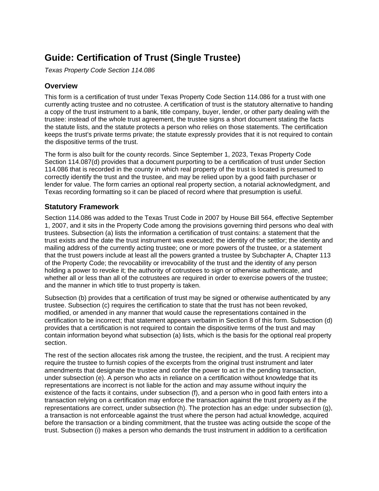Delta County Certification of Trust (Single Trustee) Guide