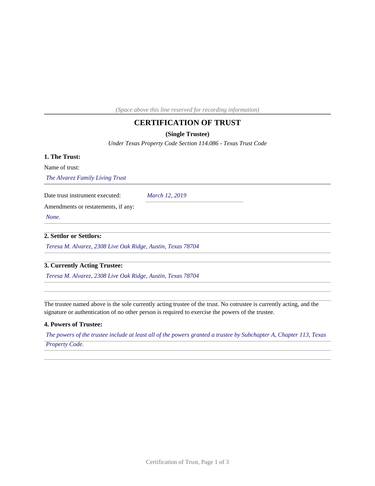 Delta County Completed Example of the Certification of Trust (Single Trustee) Document