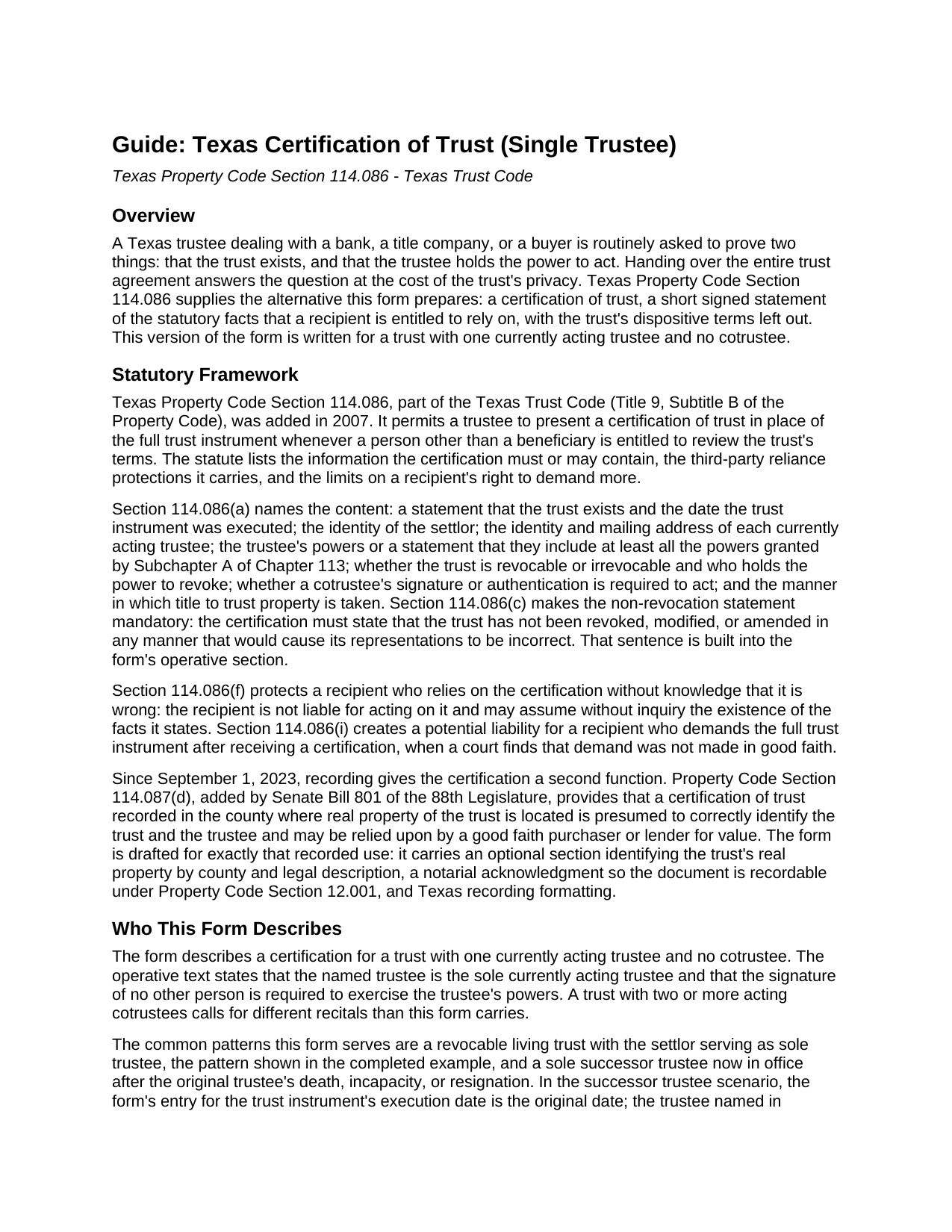 Leon County Certification of Trust (Single Trustee) Guide