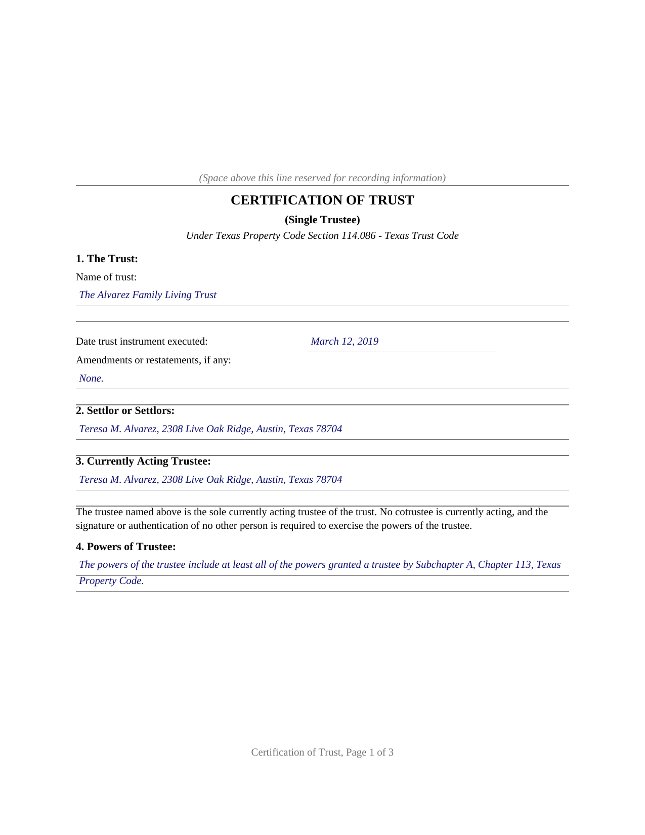 Leon County Completed Example of the Certification of Trust (Single Trustee) Document