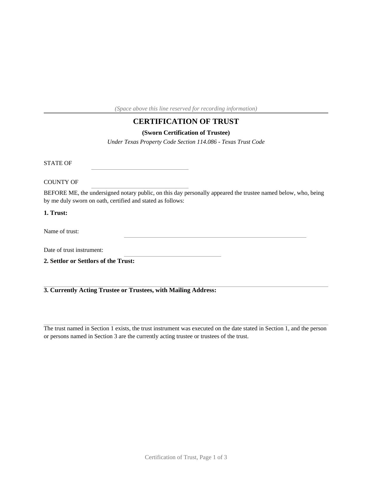 Delta County Certification of Trust (Sworn Certification) Form