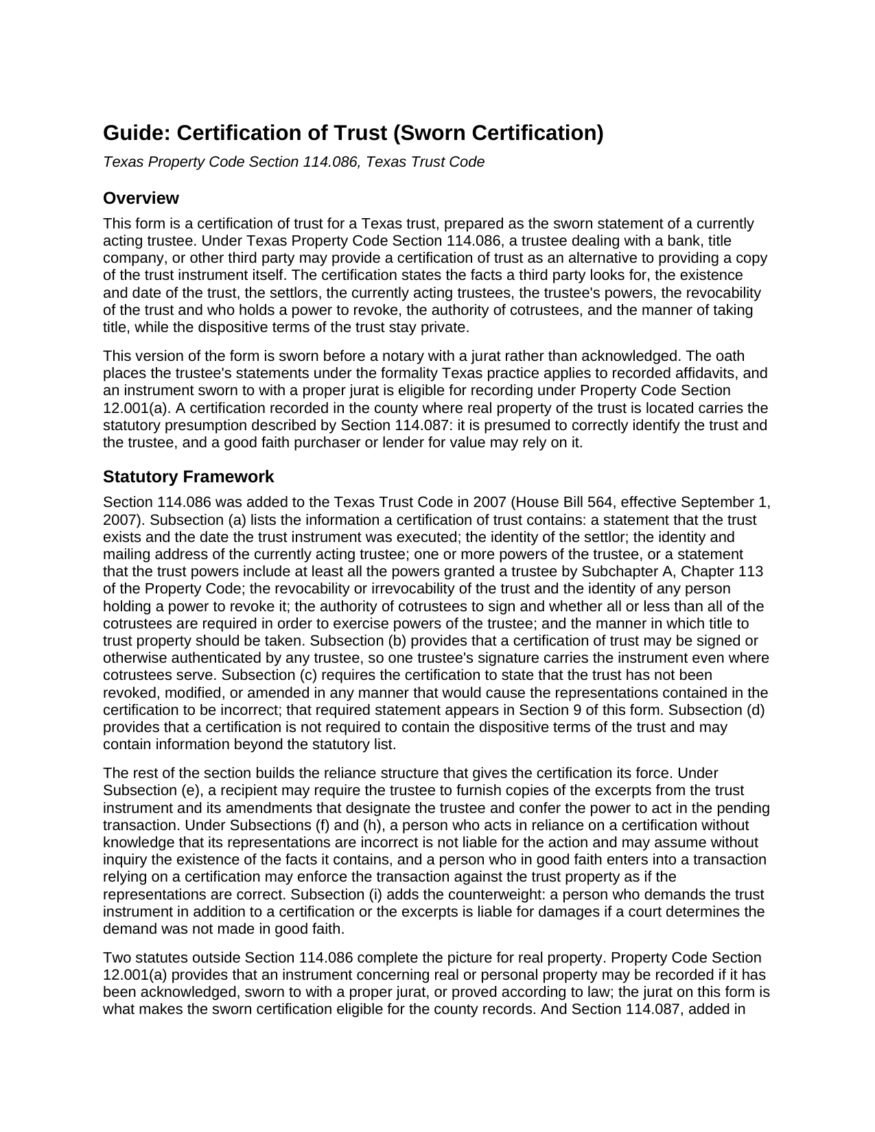 Delta County Certification of Trust (Sworn Certification) Guide