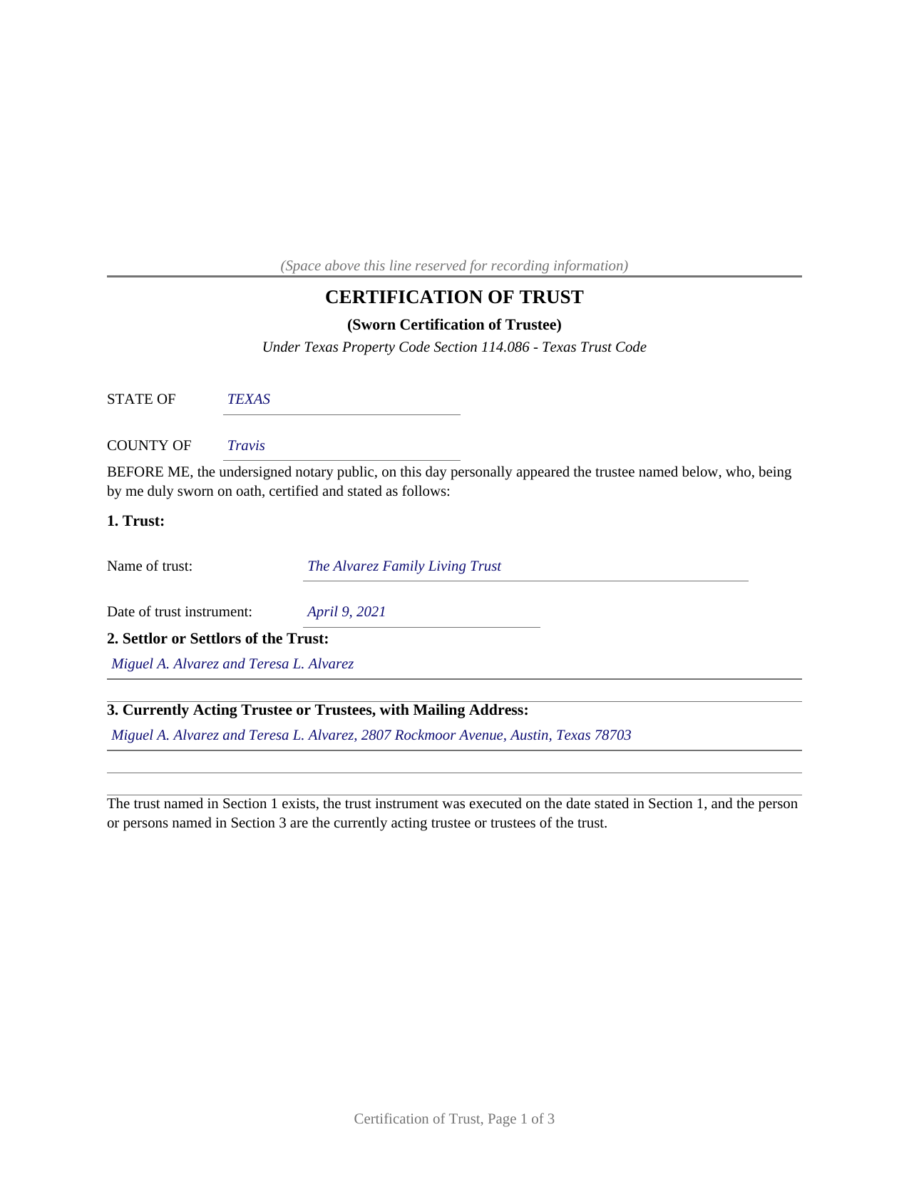 Delta County Completed Example of the Certification of Trust (Sworn Certification) Document