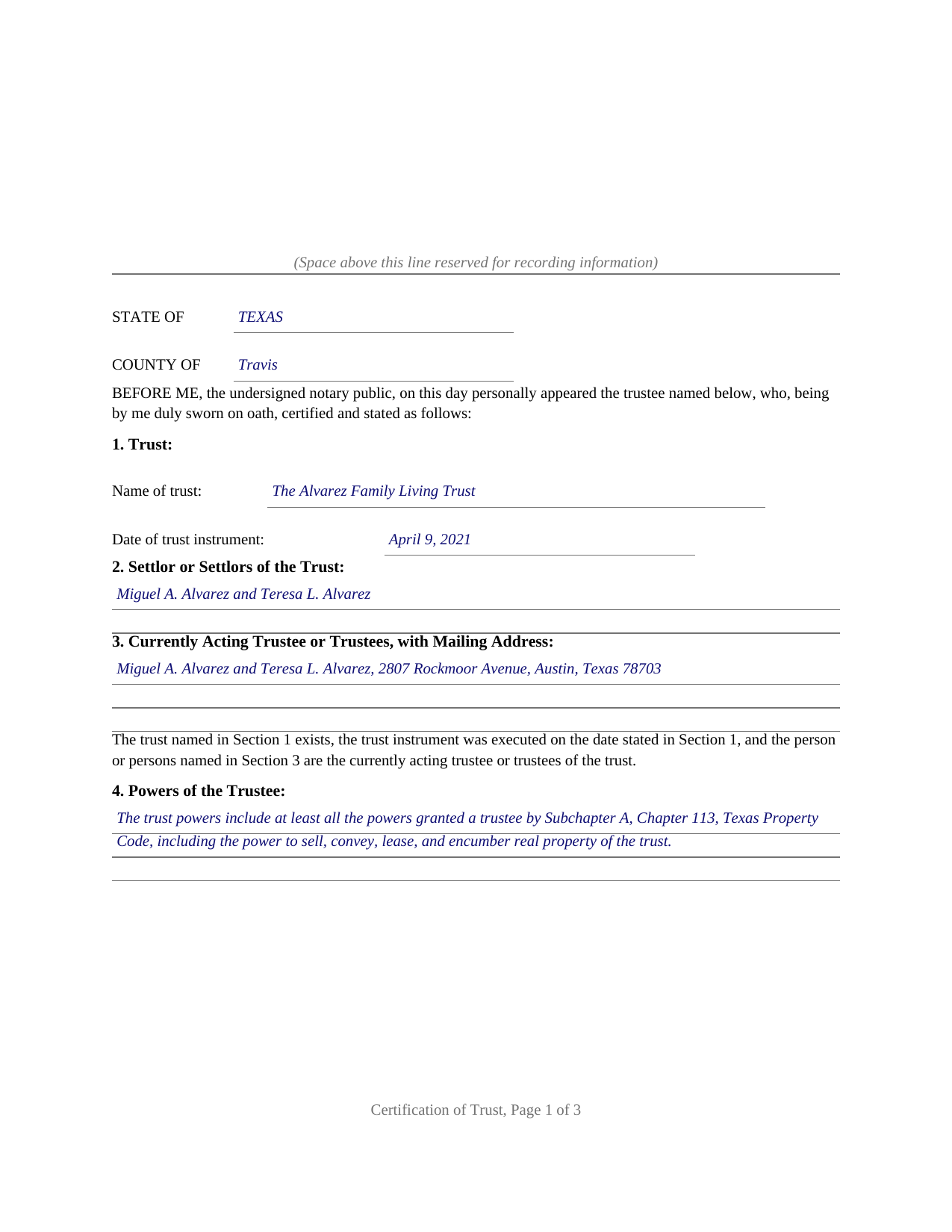 Leon County Completed Example of the Certification of Trust (Sworn Certification) Document