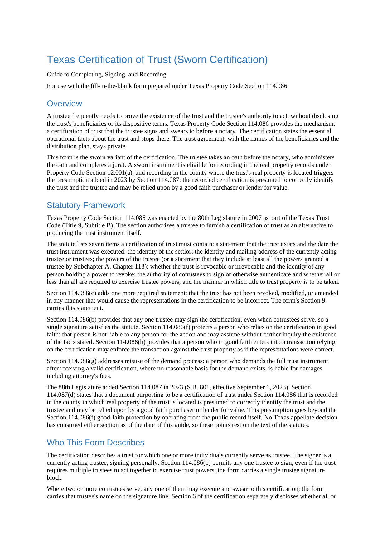 Leon County Certification of Trust (Sworn Certification) Guide