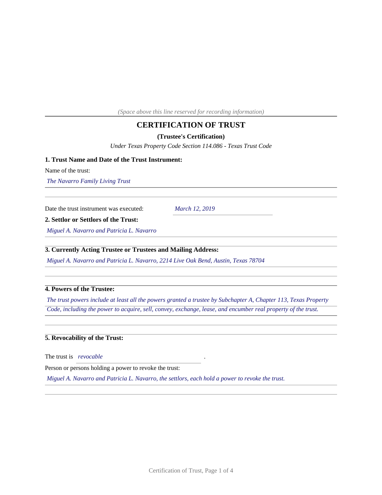 Delta County Completed Example of the Certification of Trust Document