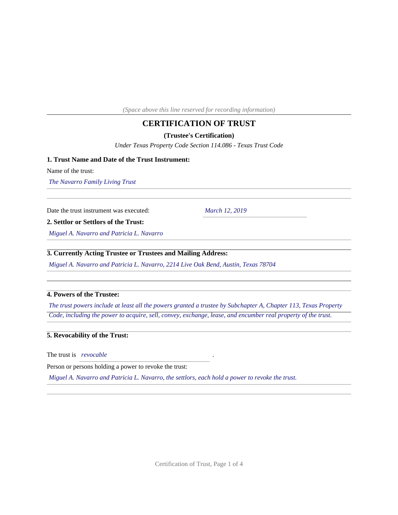 Smith County Completed Example of the Certification of Trust Document