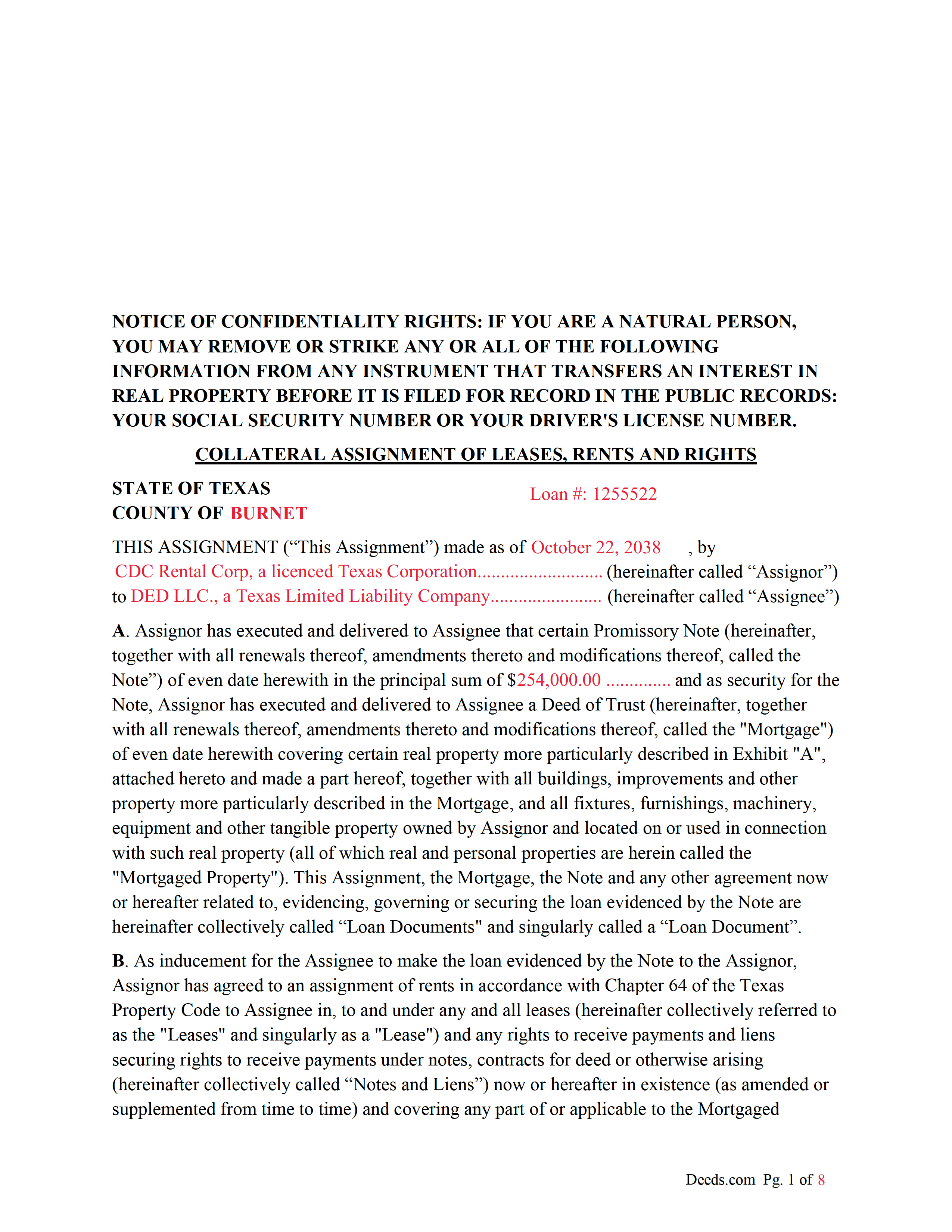 Freestone County Completed Example of the Collateral Assignment Document