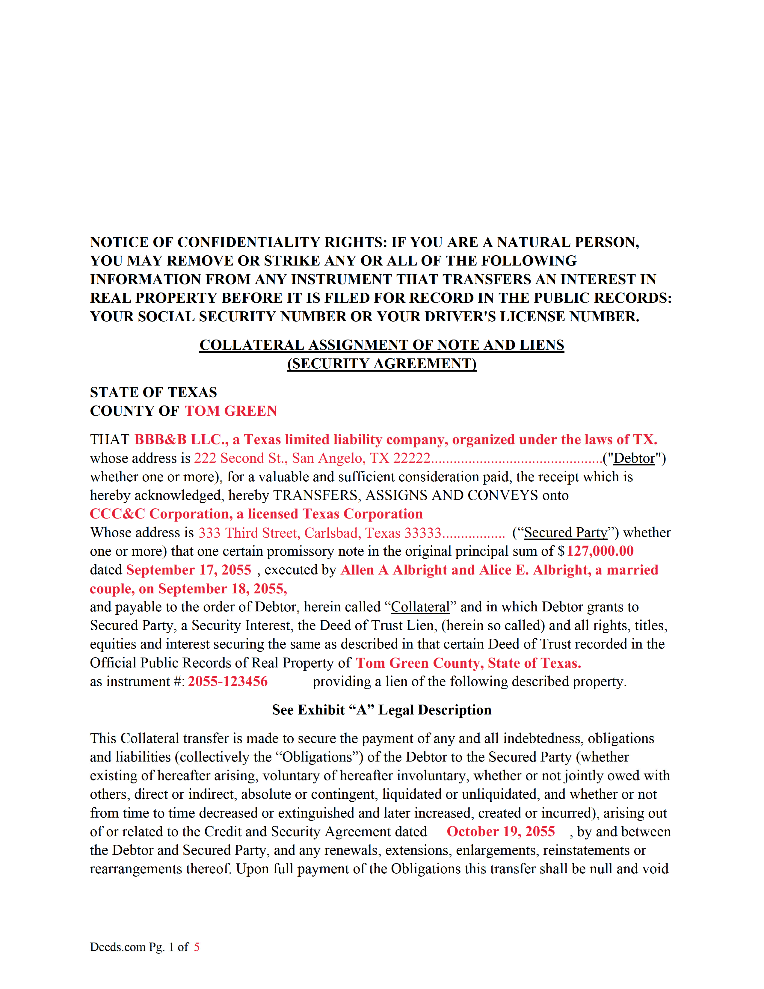 Freestone County Completed Example of the Collateral Assignment of Note and Liens Document
