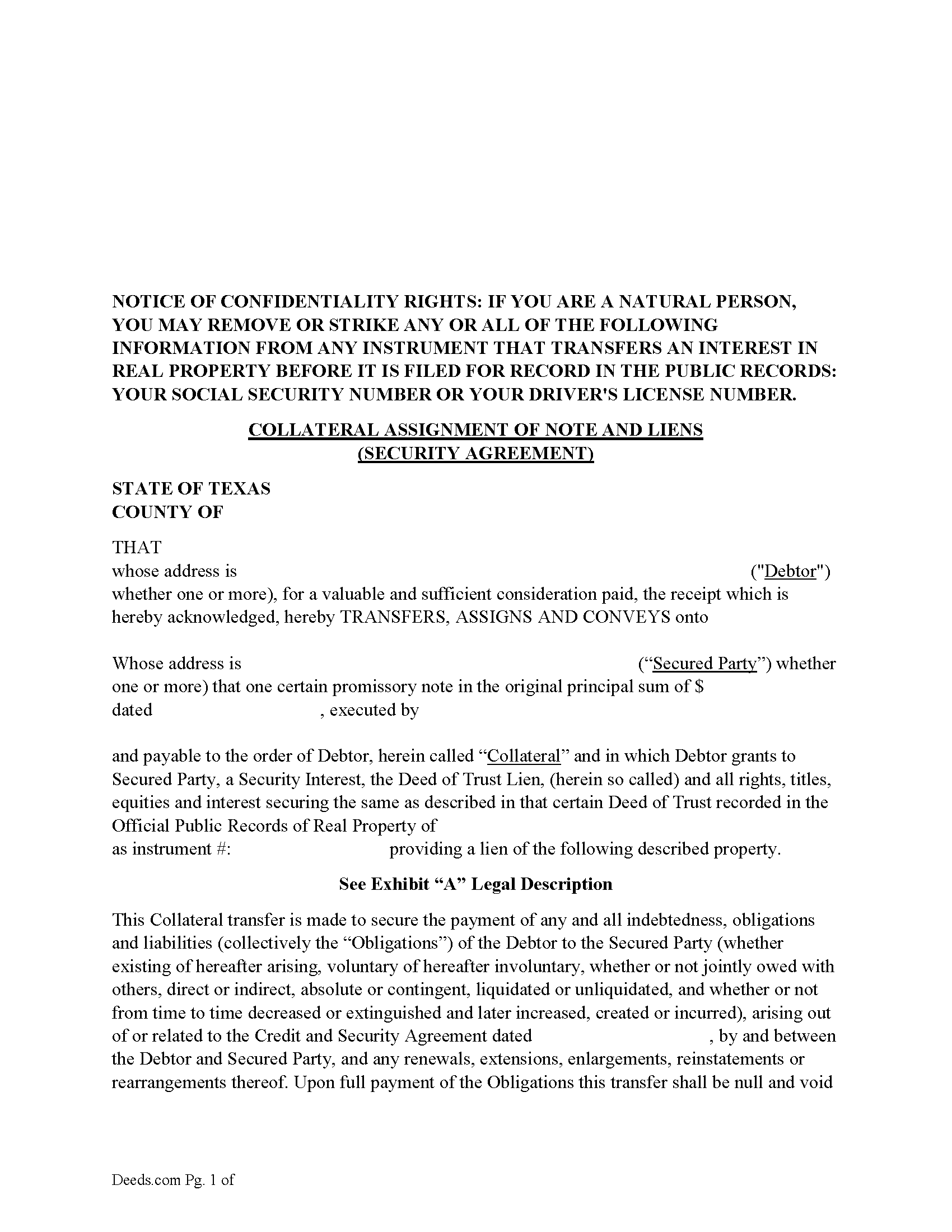 Freestone County Collateral Assignment of Note and Liens Form