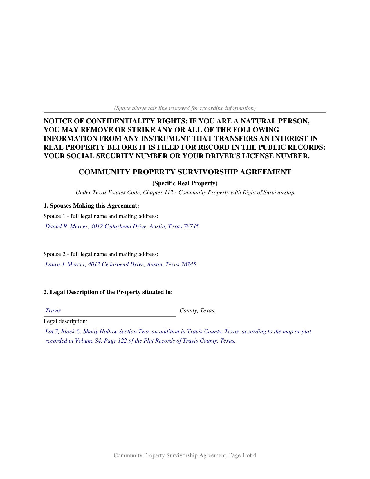 Williamson County Completed Example of the Community Property Survivorship Agreement Document