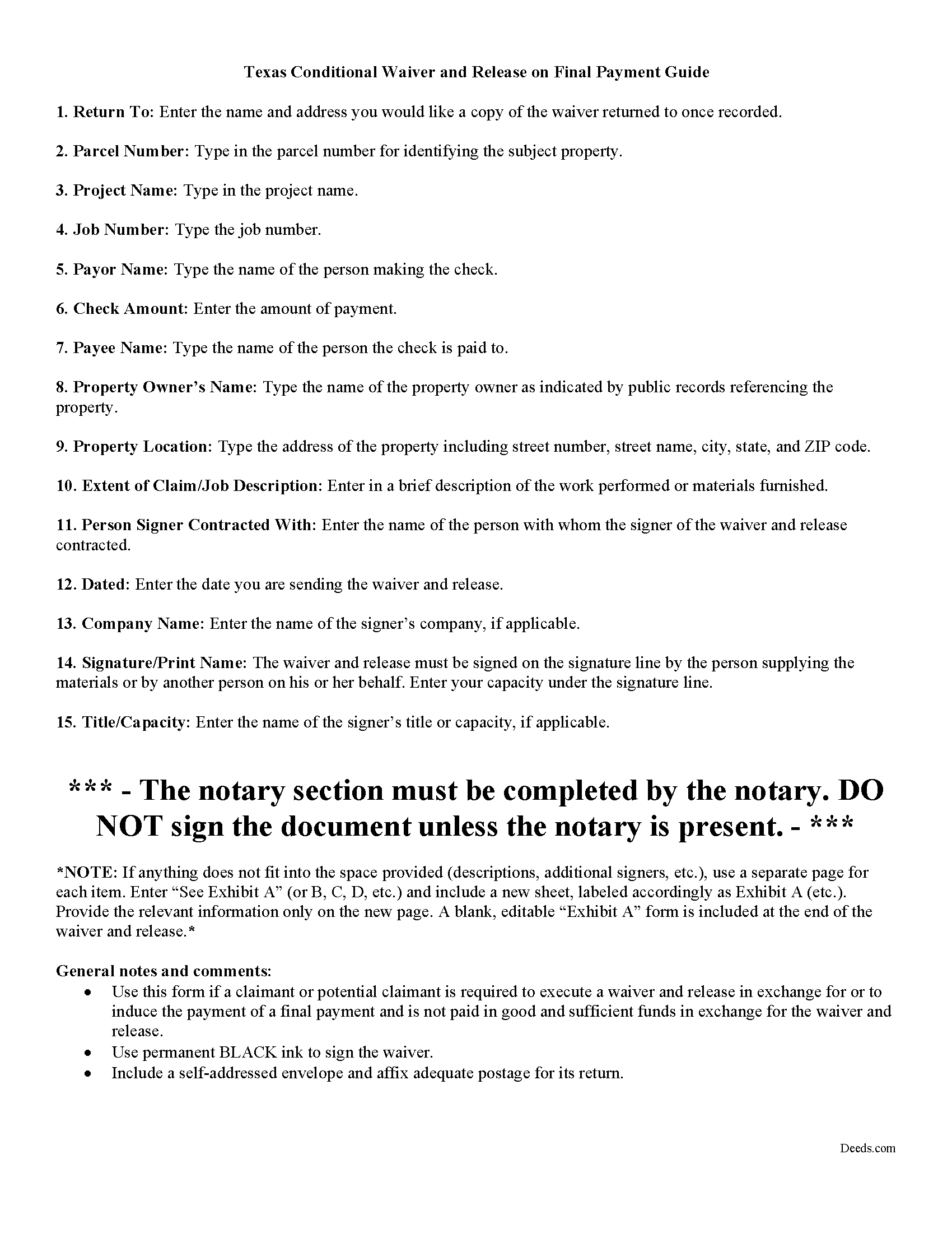 Freestone County Conditional Waiver and Release on Final Payment Guide