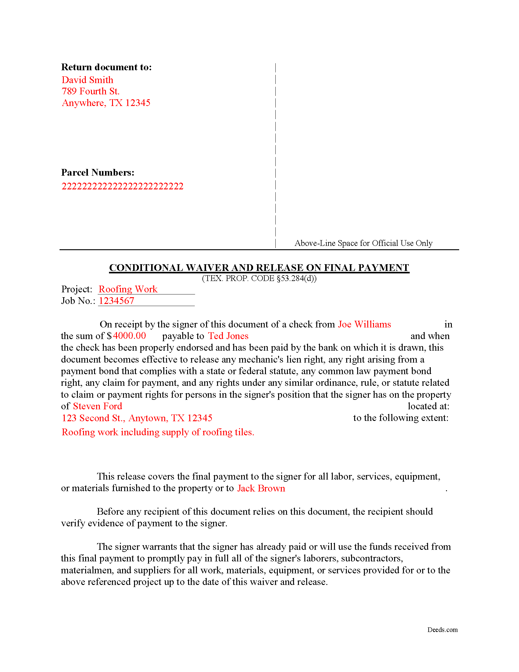 Freestone County Completed Example of the Conditional Waiver and Release on Final Payment Document