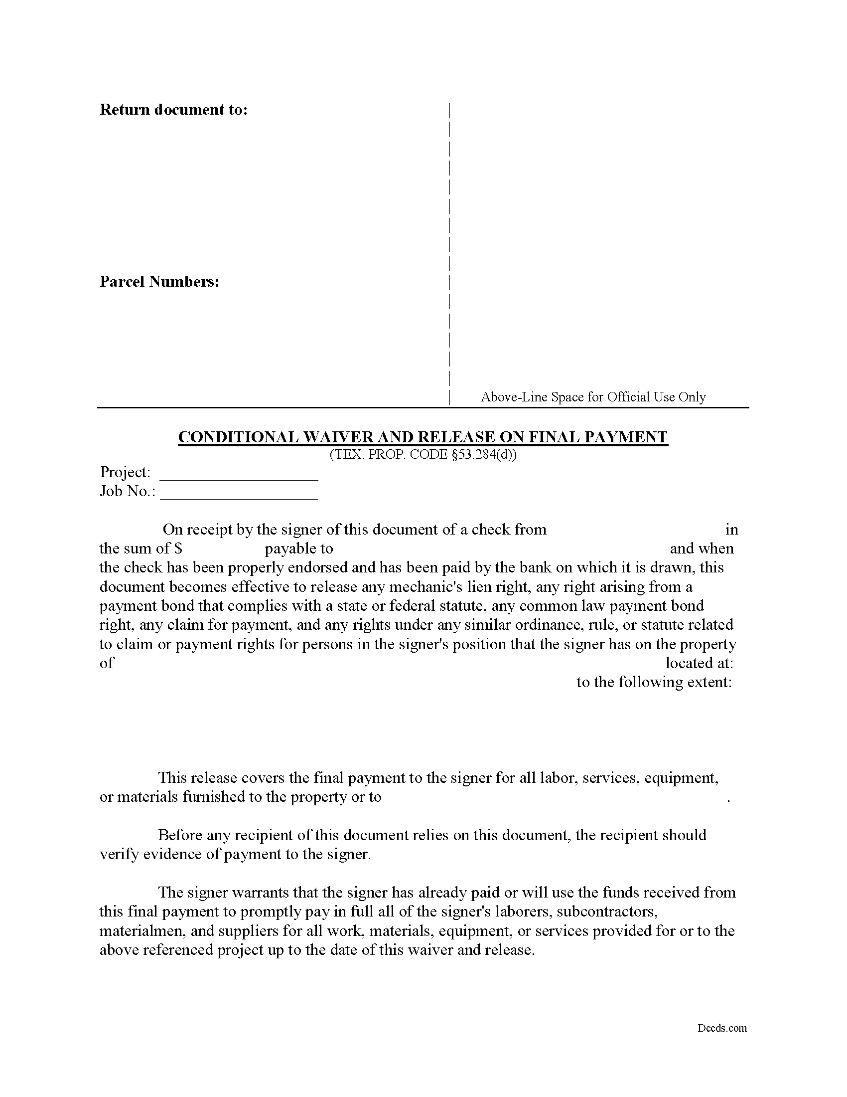 Freestone County Conditional Waiver and Release on Final Payment Form