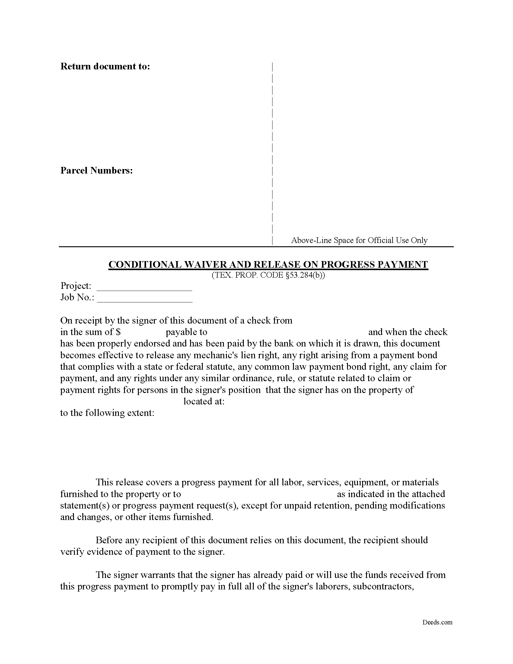Bell County Conditional Waiver and Release on Progress Payment Form