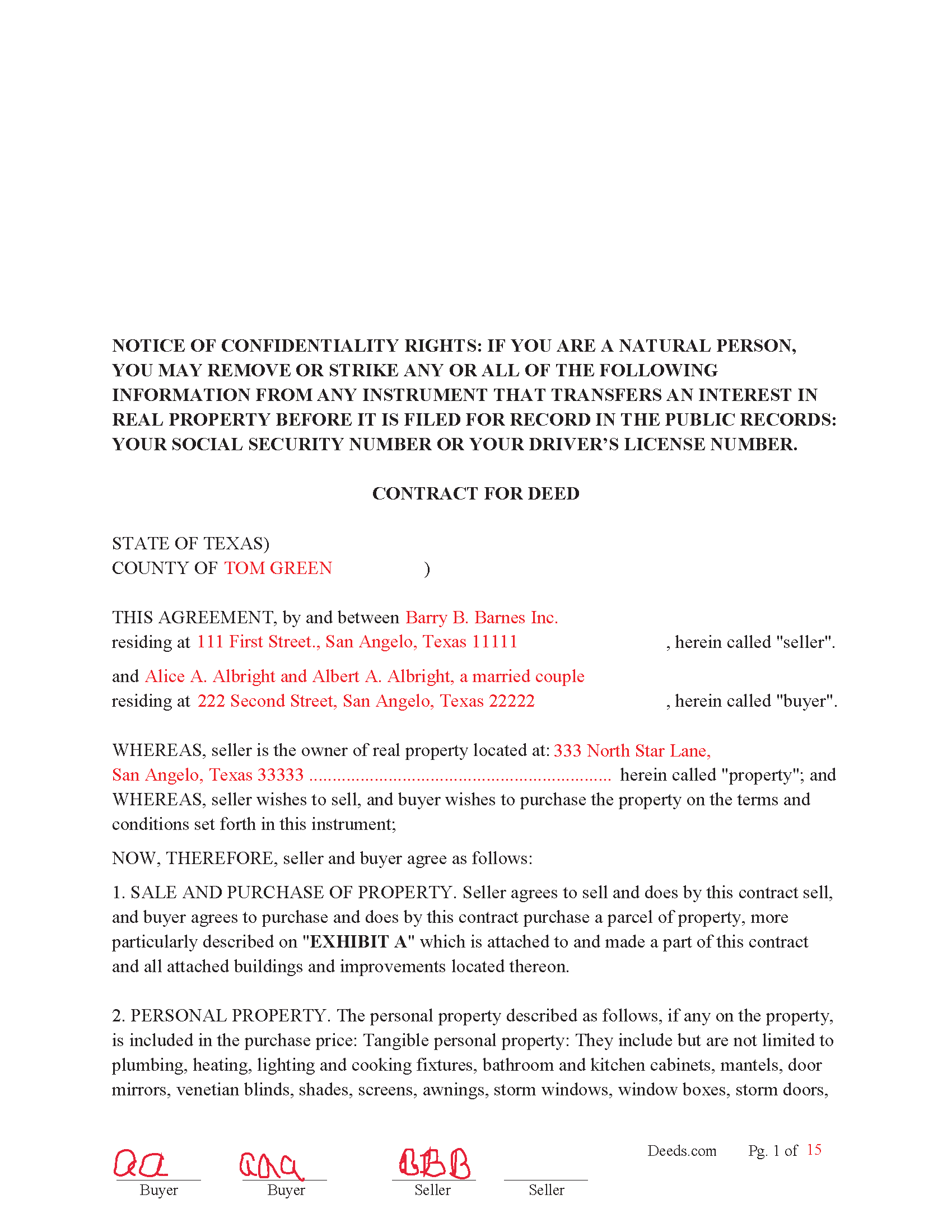 Freestone County Completed Example of the Contract for Deed