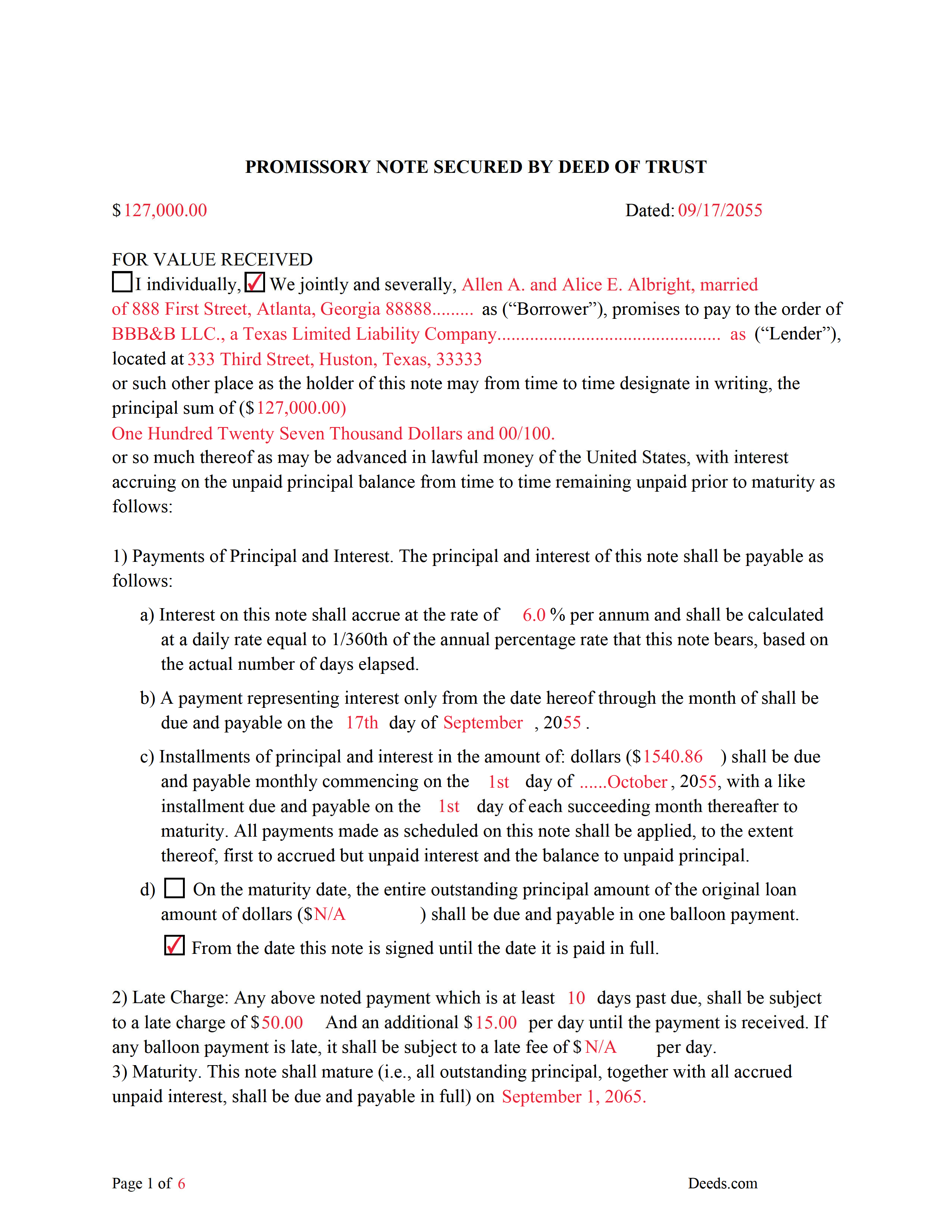 Freestone County Completed Example of the Promissory Note Document