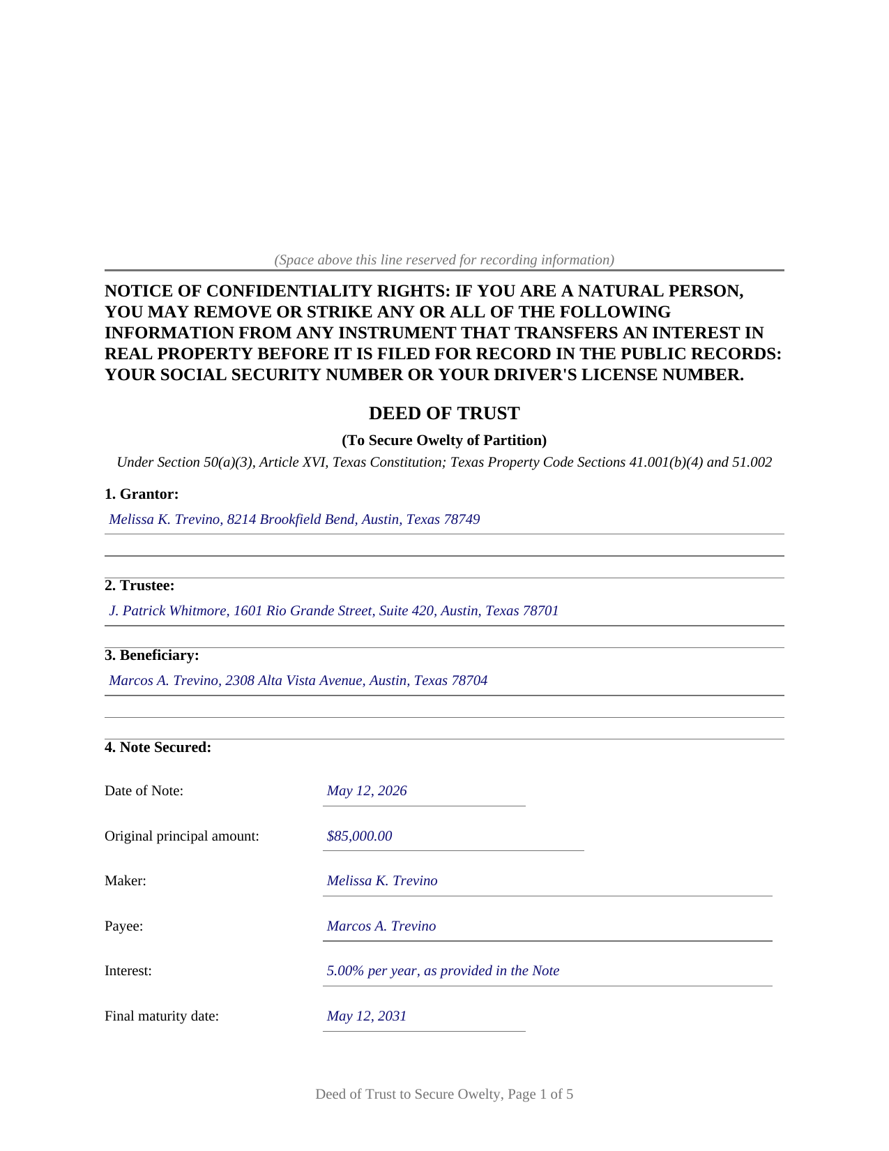 Delta County Completed Example of the Deed of Trust to Secure Owelty Document