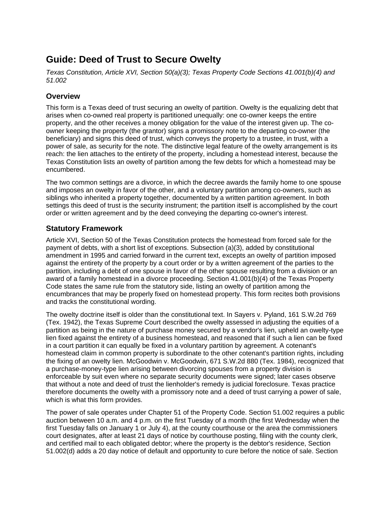 Delta County Deed of Trust to Secure Owelty Guide