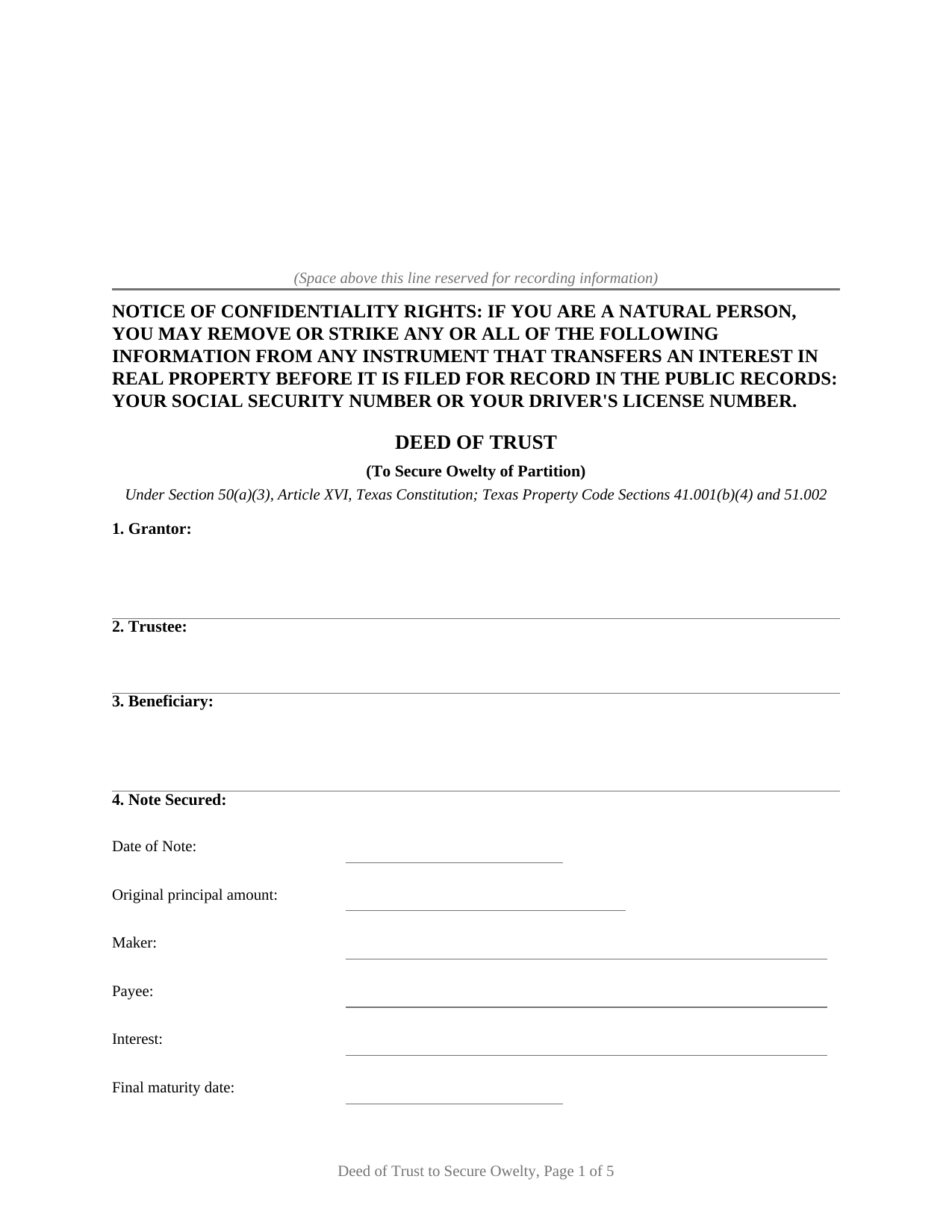 Delta County Deed of Trust to Secure Owelty Form