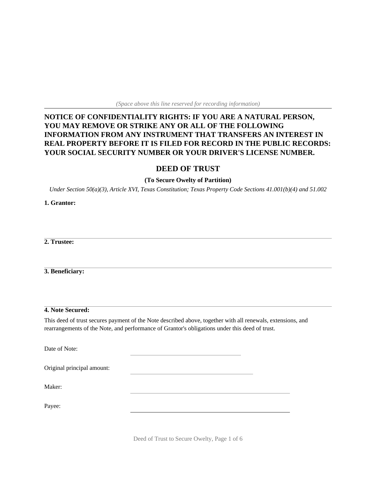 Waller County Deed of Trust to Secure Owelty Form