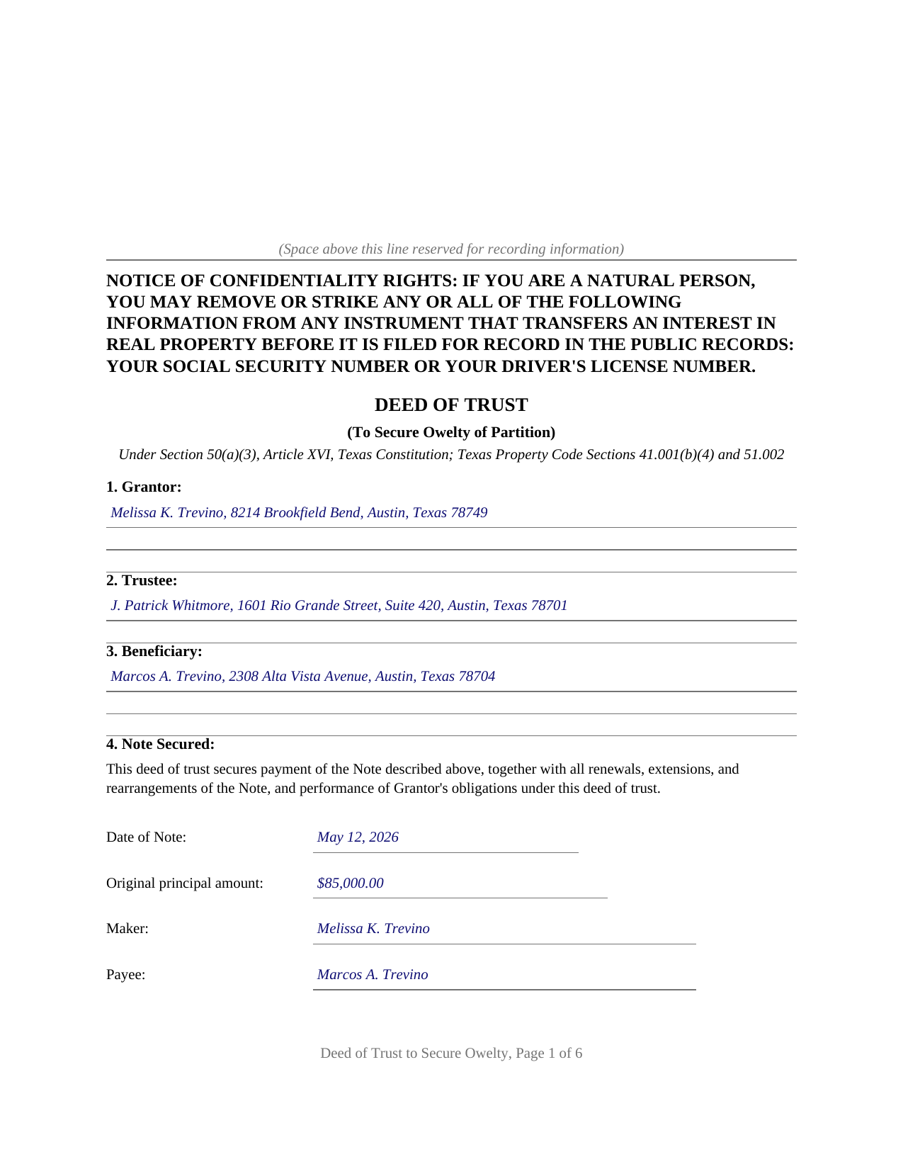 Waller County Completed Example of the Deed of Trust to Secure Owelty Document