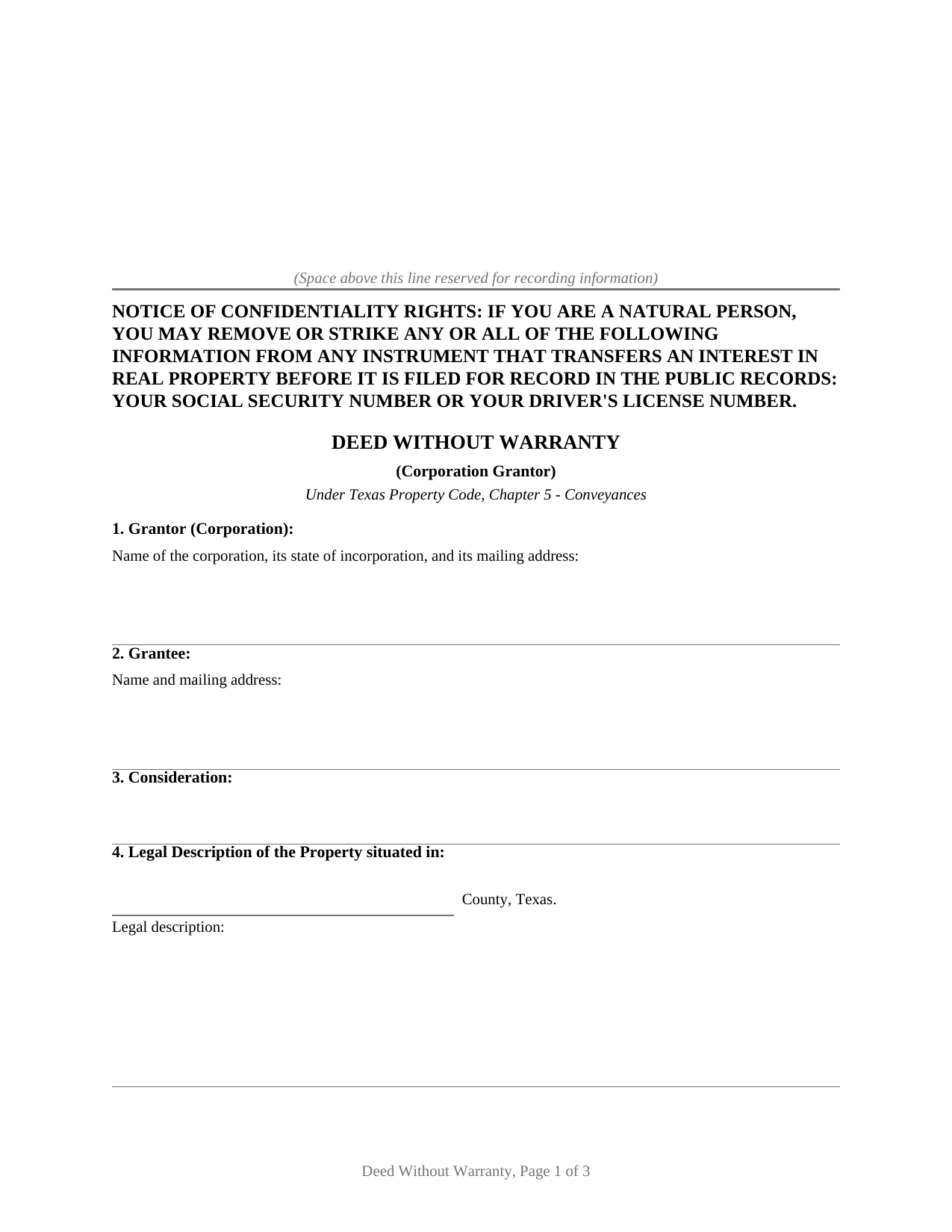 Archer County Deed Without Warranty (Corporation Grantor) Form