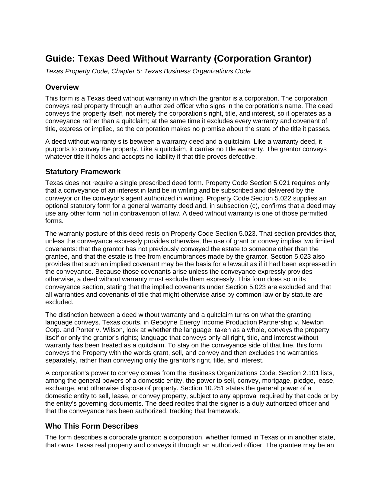 Archer County Deed Without Warranty (Corporation Grantor) Guide
