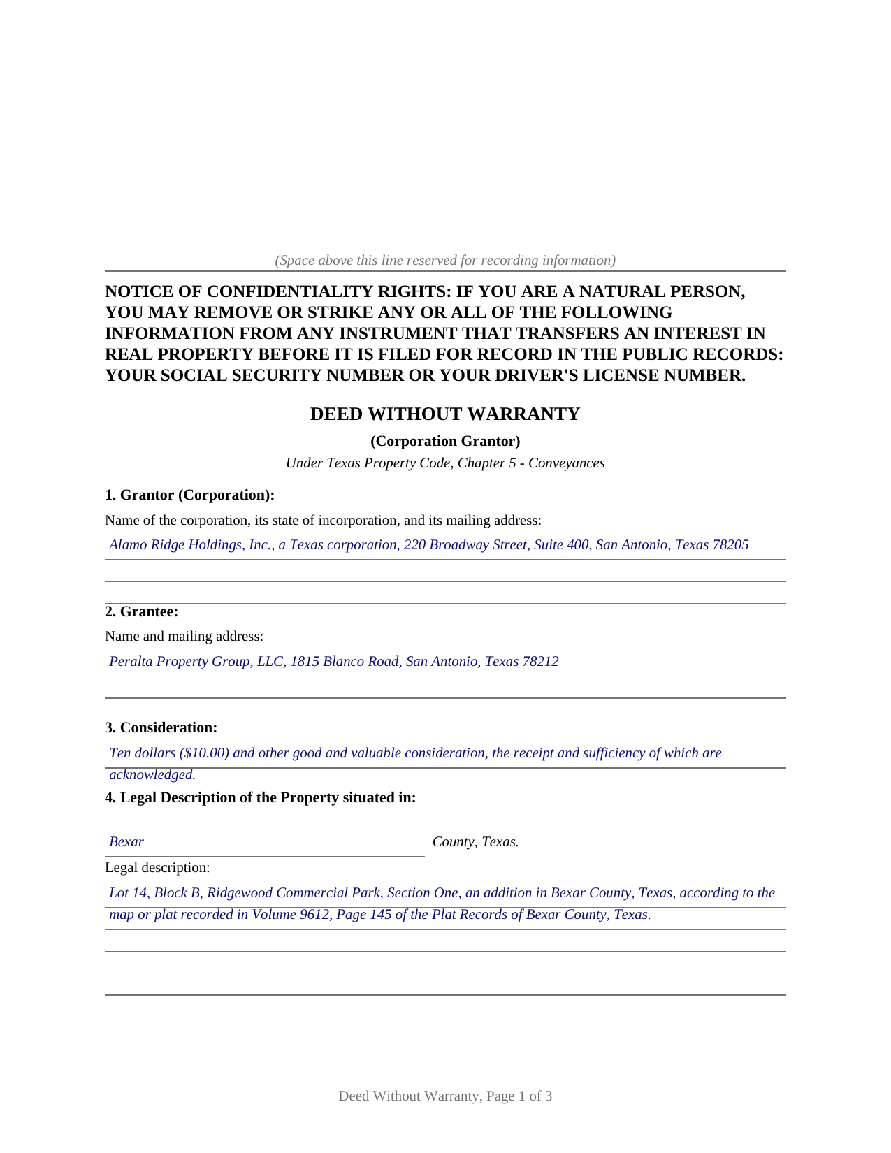 Archer County Completed Example of the Deed Without Warranty (Corporation Grantor) Document
