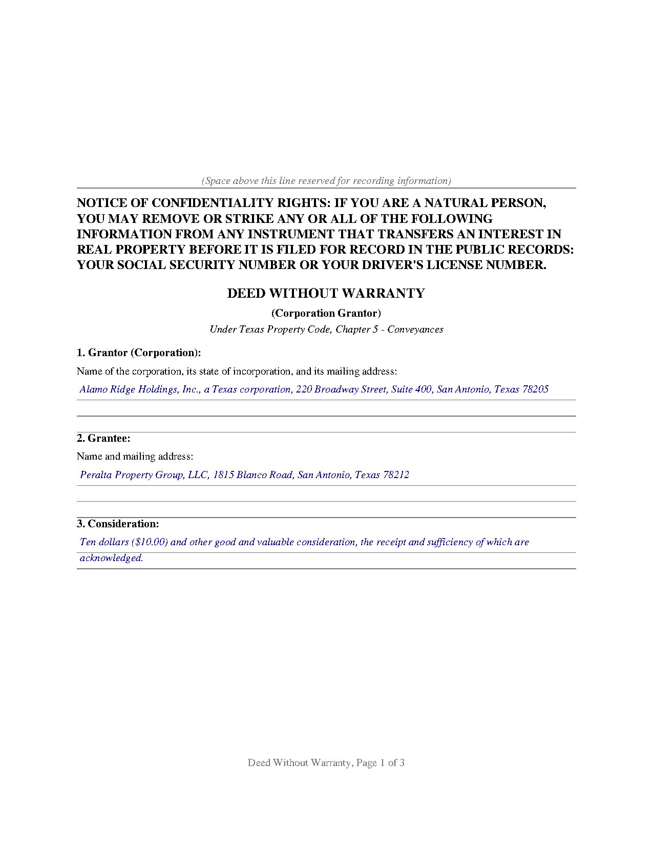 Yoakum County Completed Example of the Deed Without Warranty (Corporation Grantor) Document