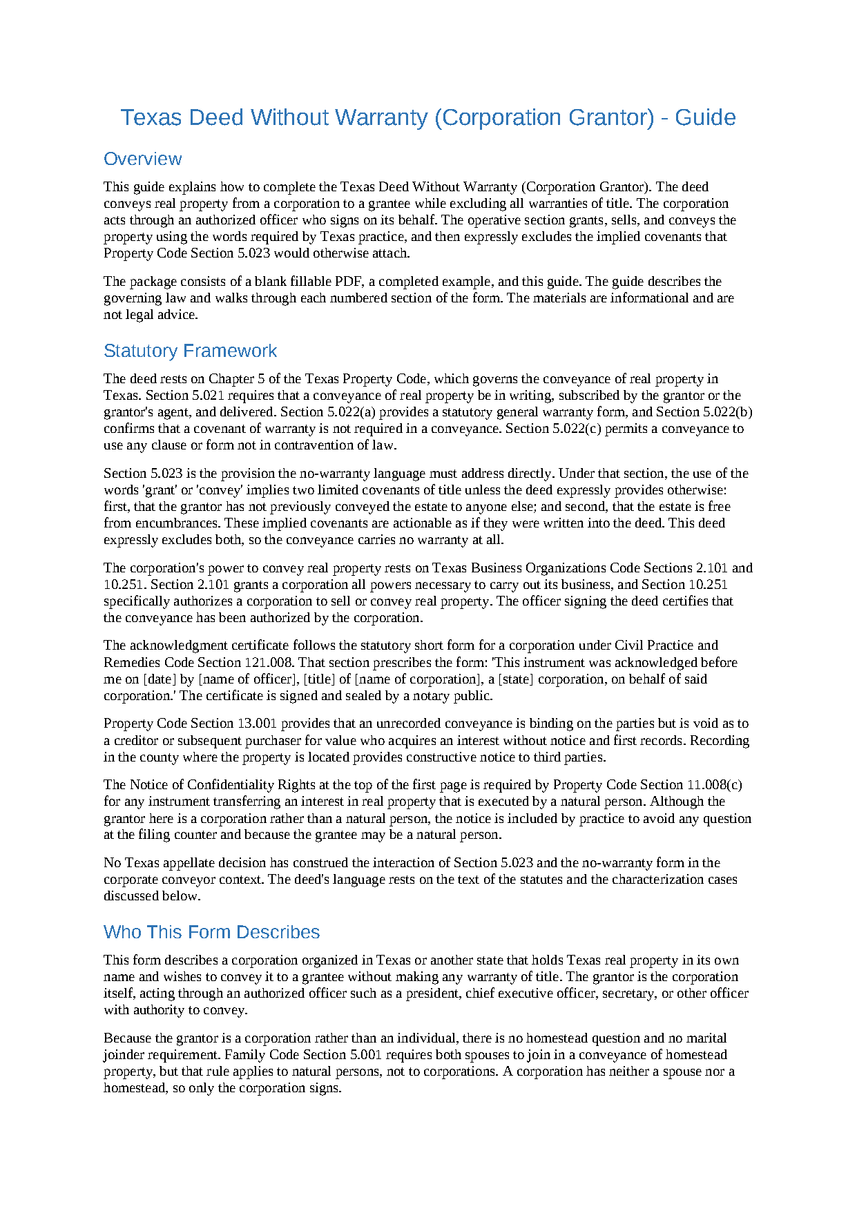 Yoakum County Deed Without Warranty (Corporation Grantor) Guide