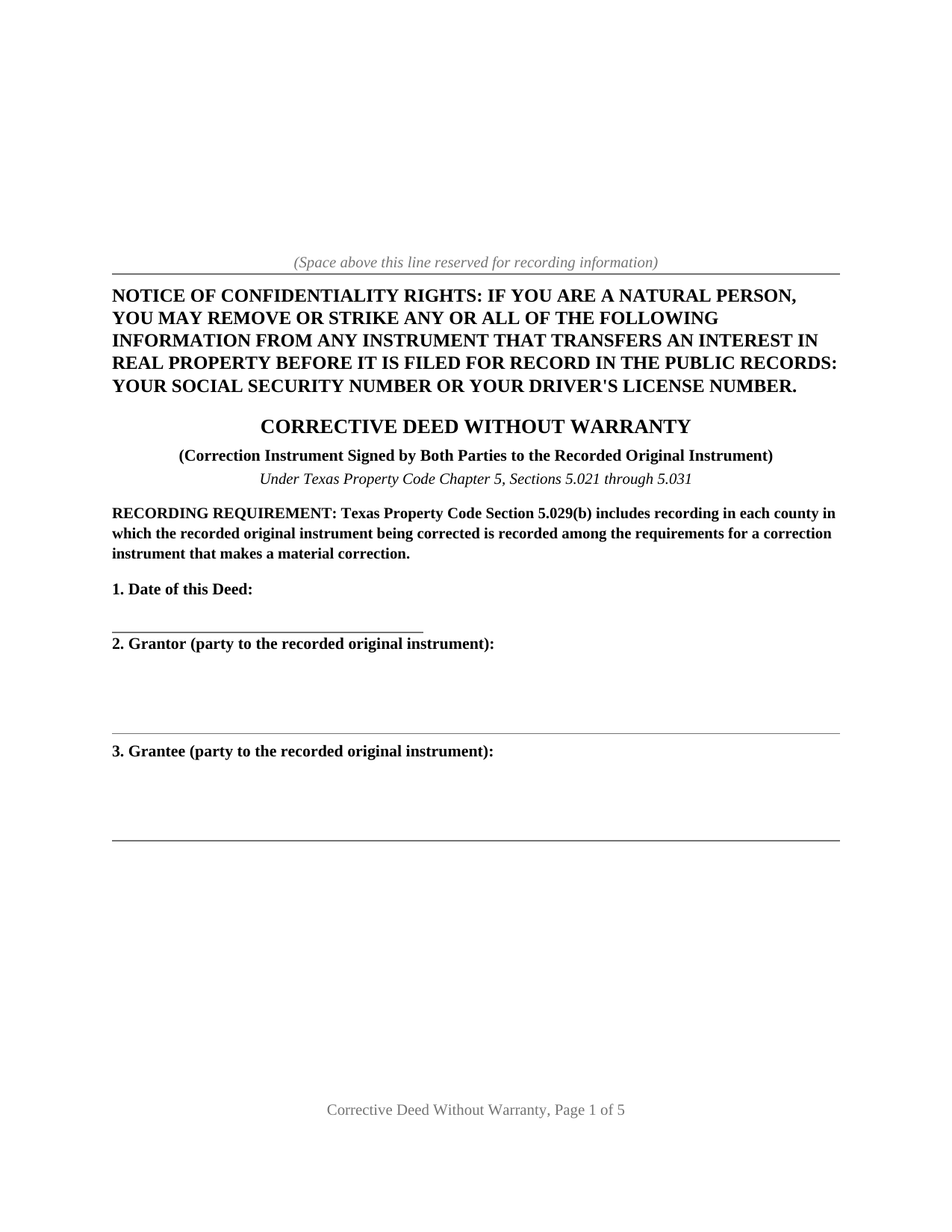 Foard County Deed Without Warranty (Corrective) Form