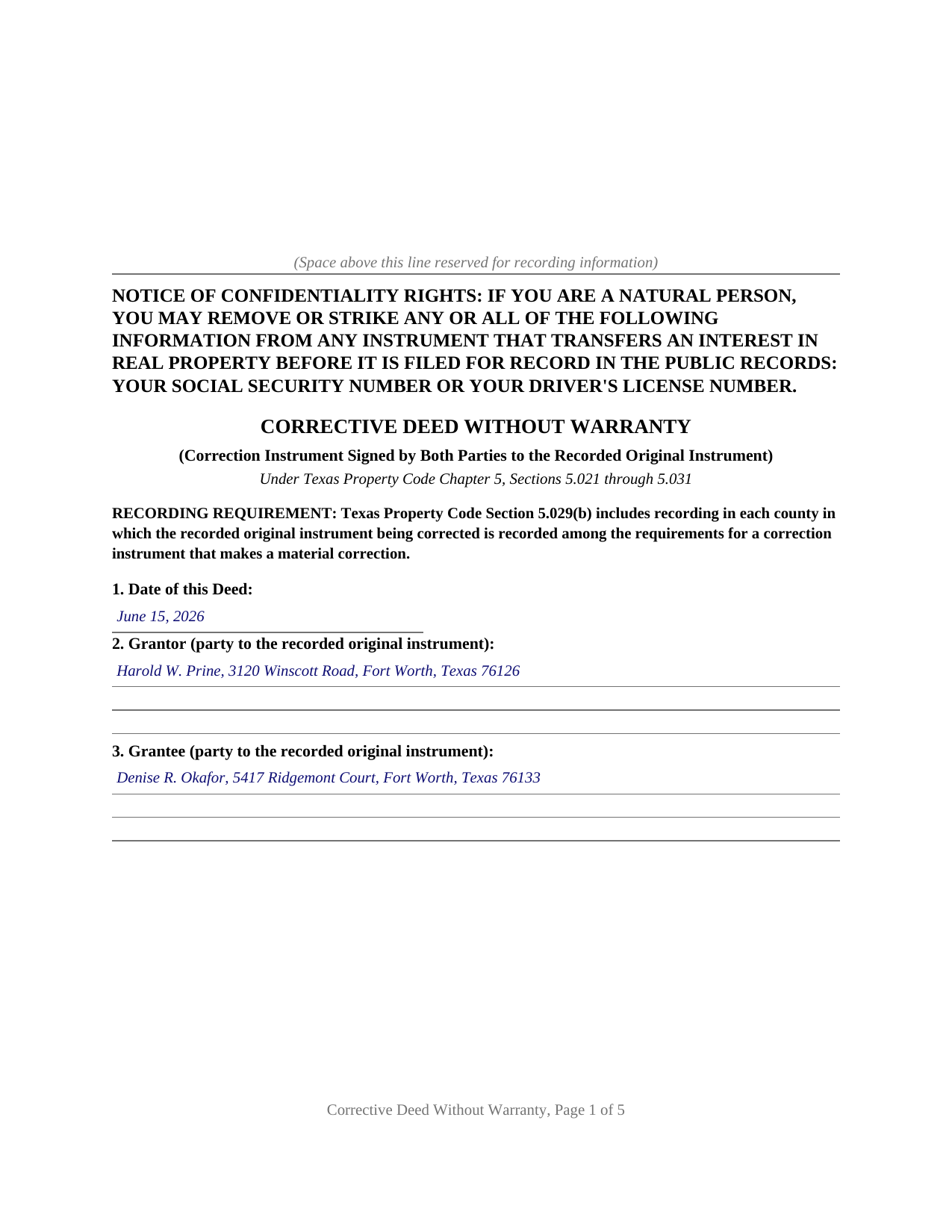 Foard County Completed Example of the Deed Without Warranty (Corrective) Document