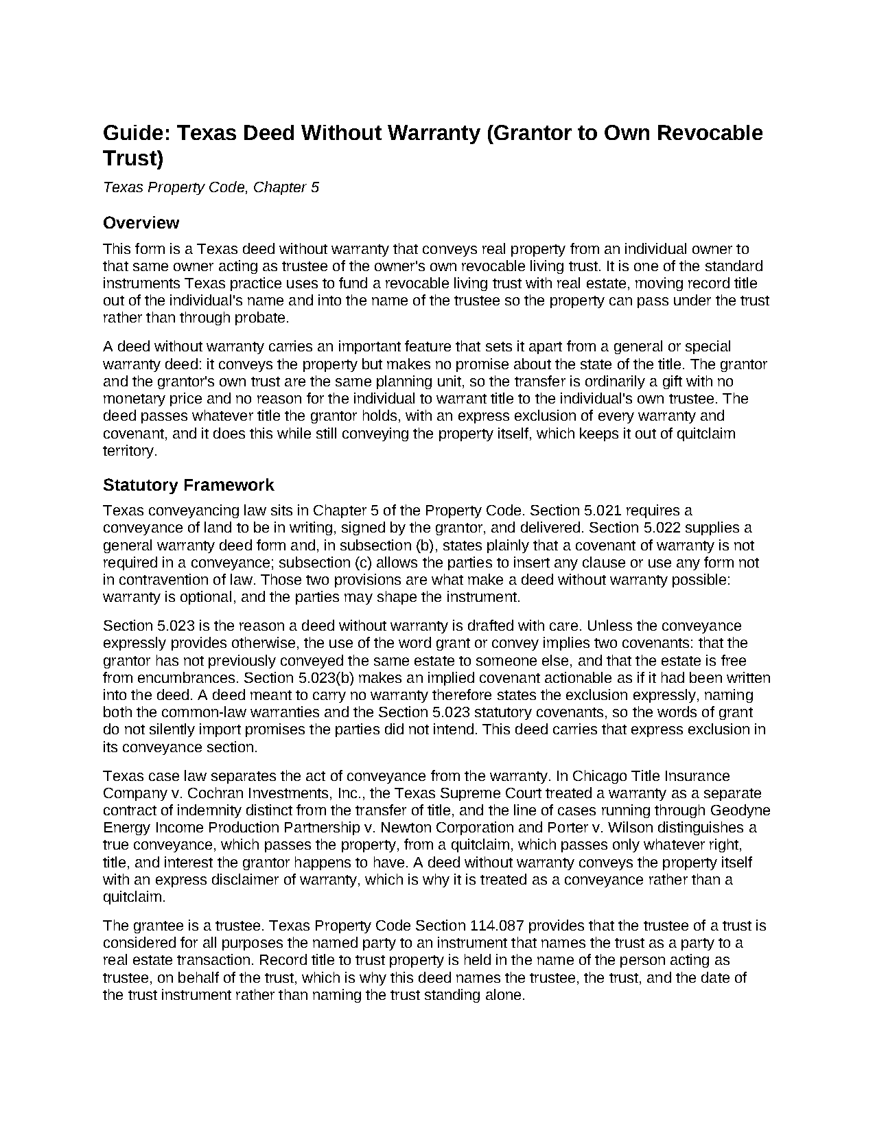 Borden County Deed Without Warranty (Grantor to Own Revocable Trust) Guide