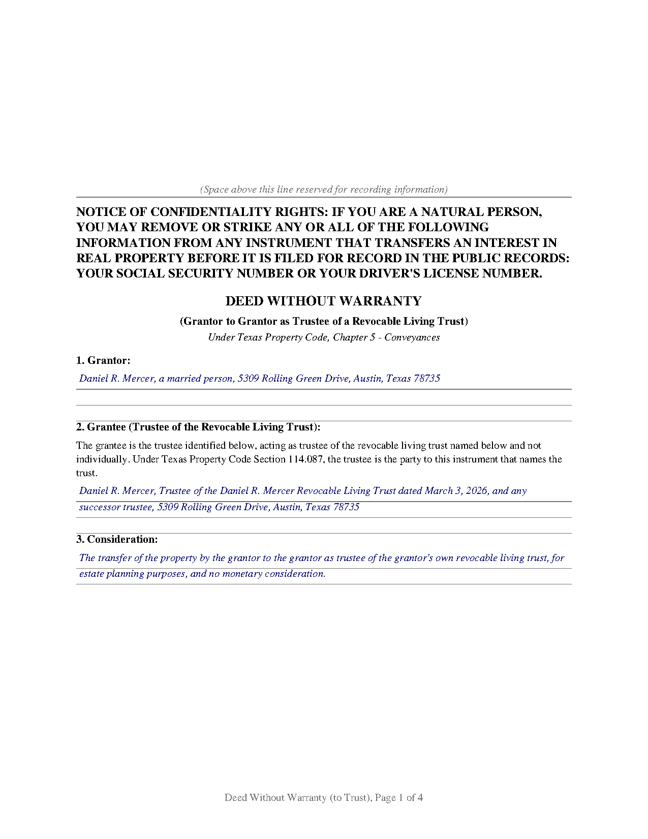 Borden County Completed Example of the Deed Without Warranty (Grantor to Own Revocable Trust) Document