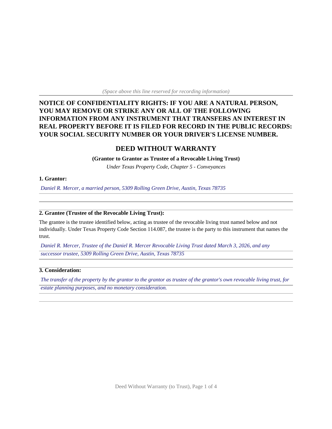 Yoakum County Completed Example of the Deed Without Warranty (Grantor to Own Revocable Trust) Document