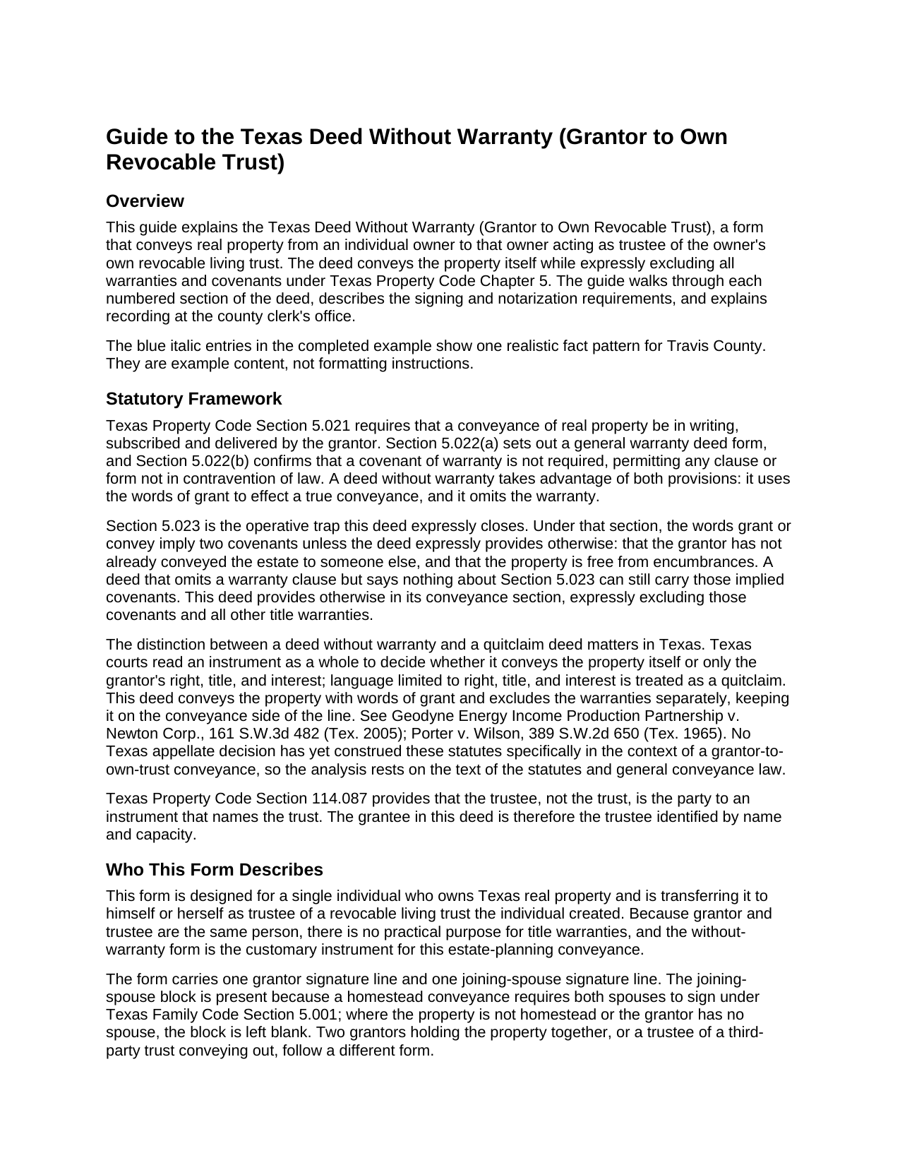 Yoakum County Deed Without Warranty (Grantor to Own Revocable Trust) Guide